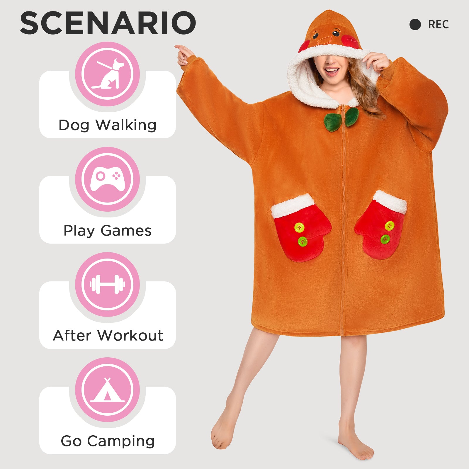 OLAOLA Gingerbread Man Christmas Wearable Blanket Hoodie With Zipper Oversized Fleece Sherpa Fluffy Hooded Blanket