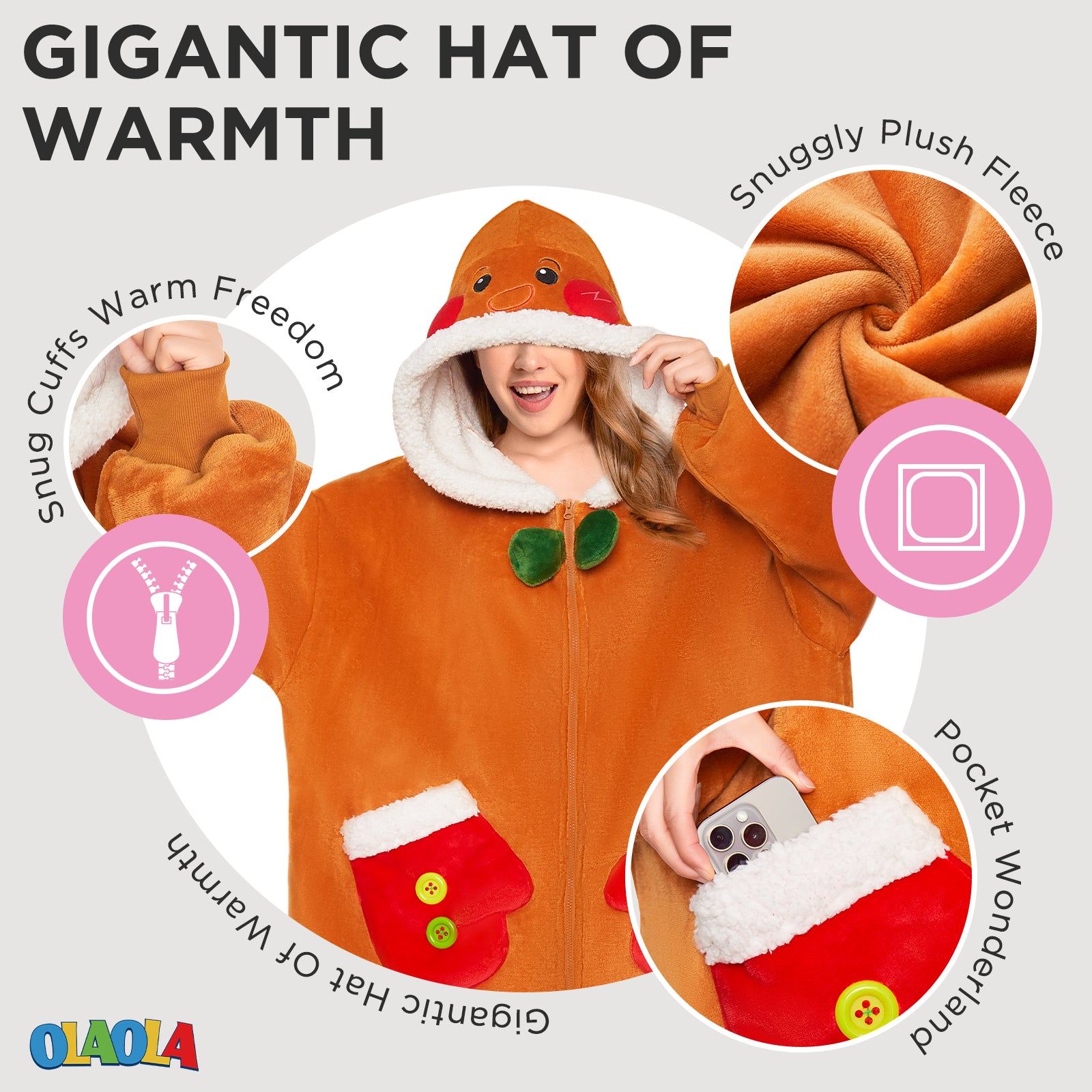 OLAOLA Gingerbread Man Christmas Wearable Blanket Hoodie With Zipper Oversized Fleece Sherpa Fluffy Hooded Blanket