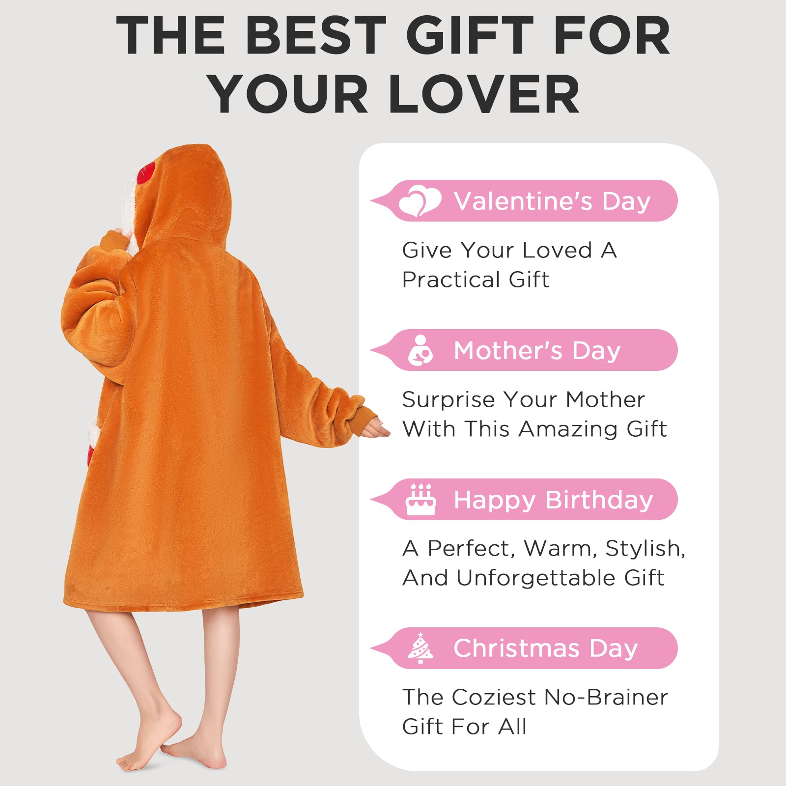 OLAOLA Gingerbread Man Christmas Wearable Blanket Hoodie With Zipper Oversized Fleece Sherpa Fluffy Hooded Blanket