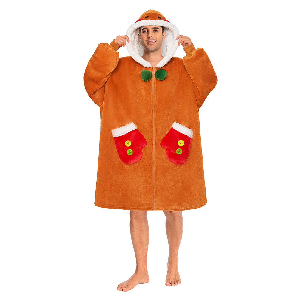 OLAOLA Gingerbread Man Christmas Wearable Blanket Hoodie With Zipper Oversized Fleece Sherpa Fluffy Hooded Blanket