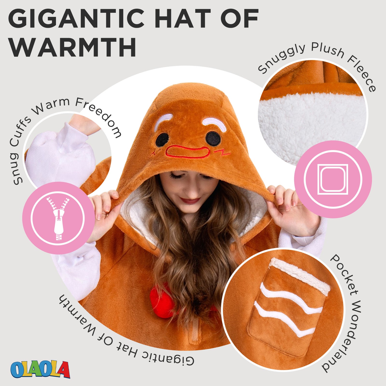 OLAOLA Gingerbread Man Wearable Blanket Hoodie Animals Onesie Christmas Soft Homewear With Pocket For Adult