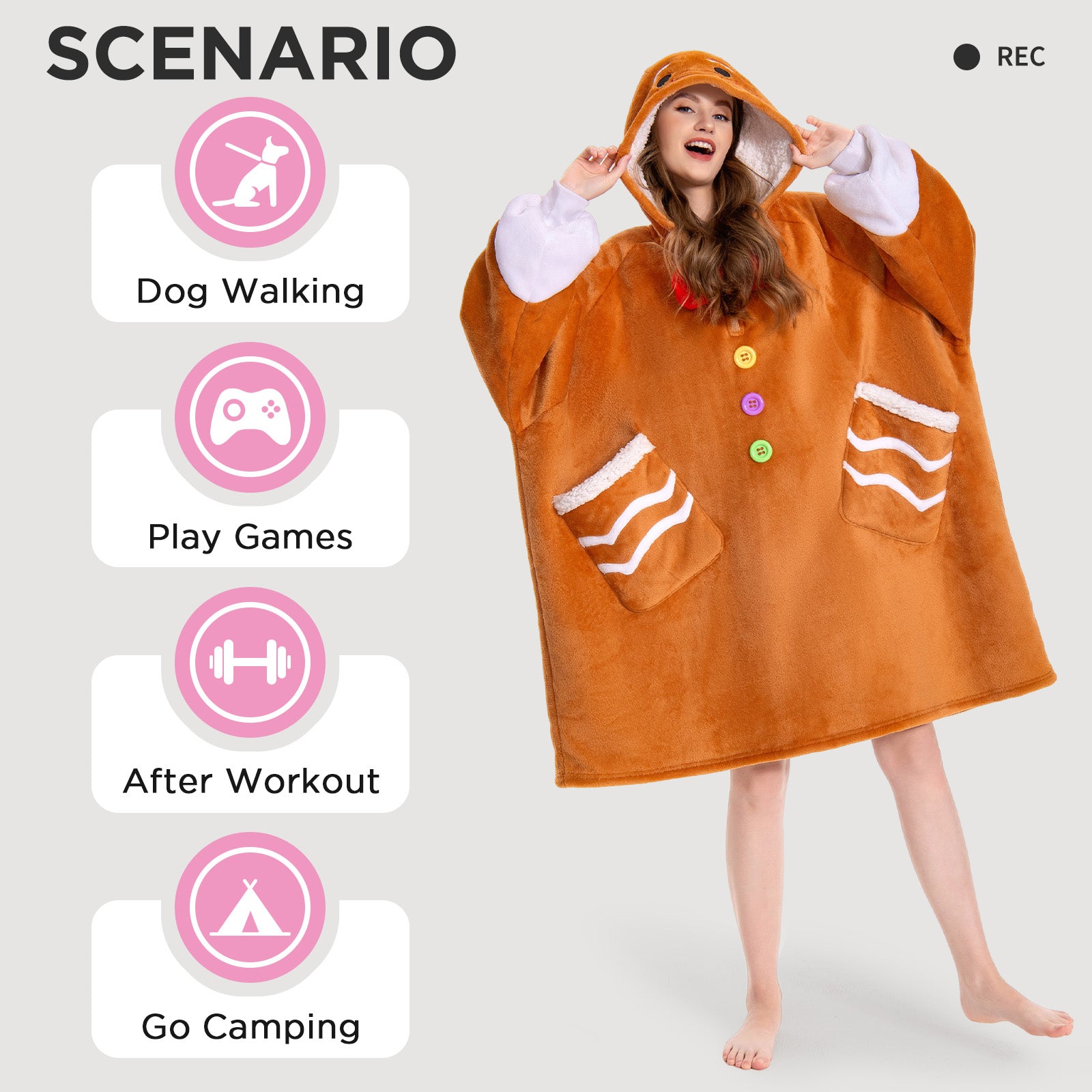 OLAOLA Gingerbread Man Wearable Blanket Hoodie Animals Onesie Christmas Soft Homewear With Pocket For Adult