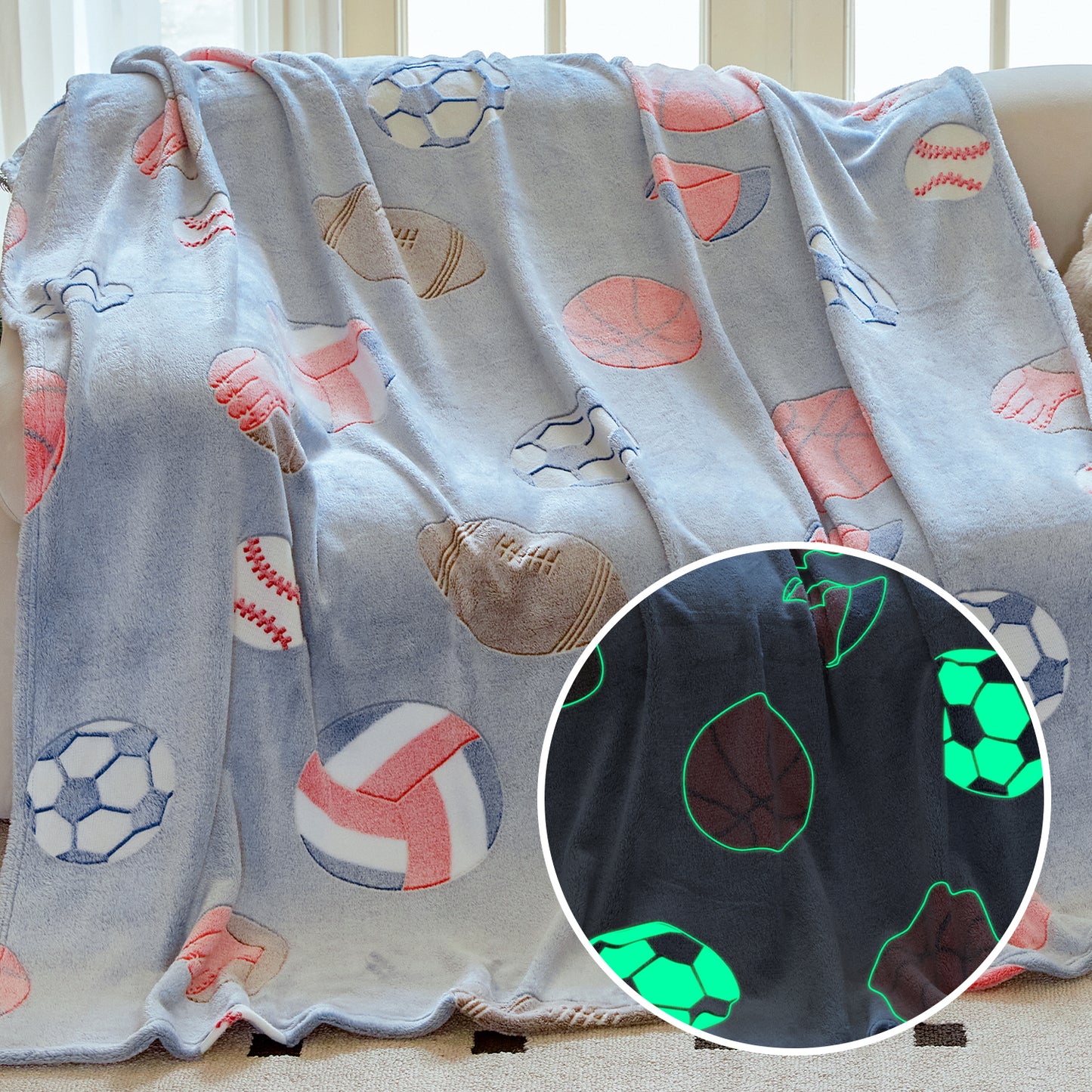 OLAOLA Glow In The Dark Blanket Soccer for Kids Soft Cozy Football Luminous Flannel Throw Blankets For Birthday Gift