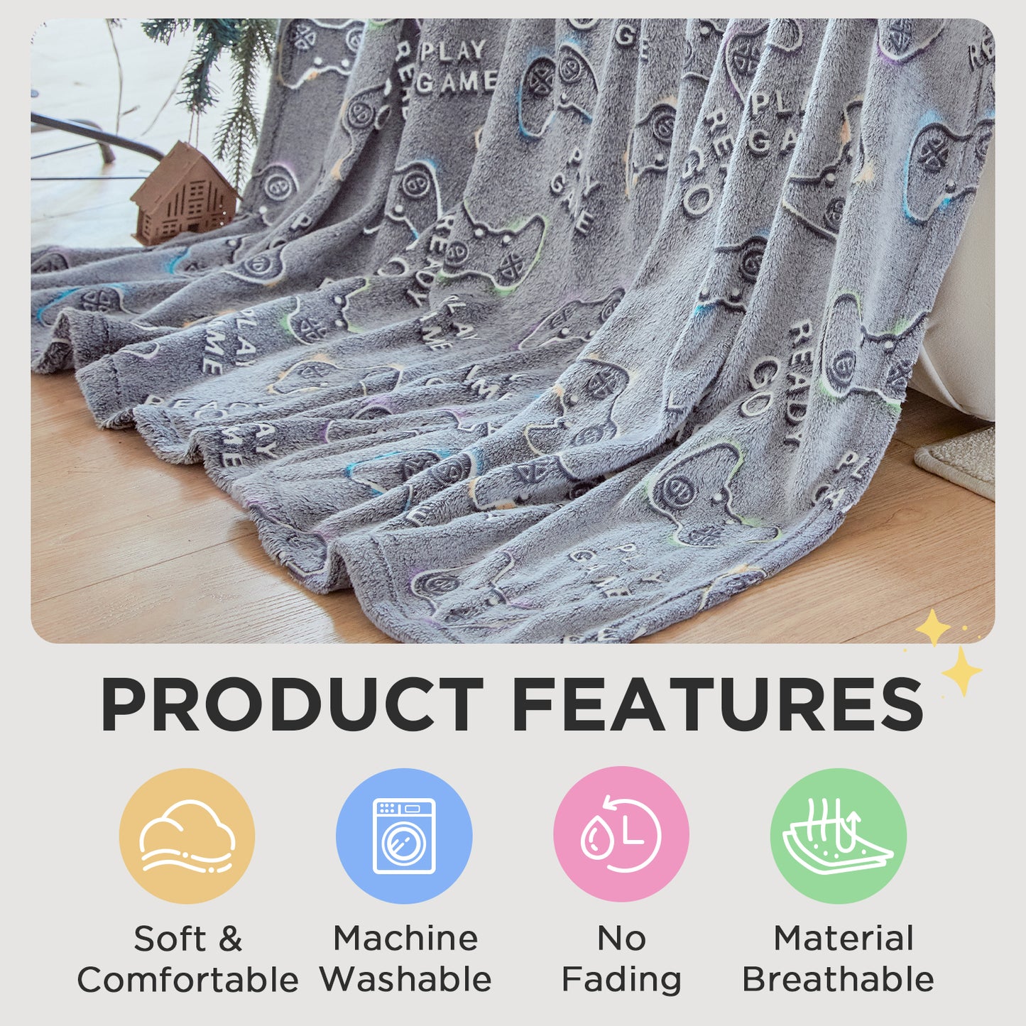 OLAOLA Glow In The Dark Gaming Blanket Game Controller Soft Warm Lightweight Throw Blanket Luminous Bedroom Decor