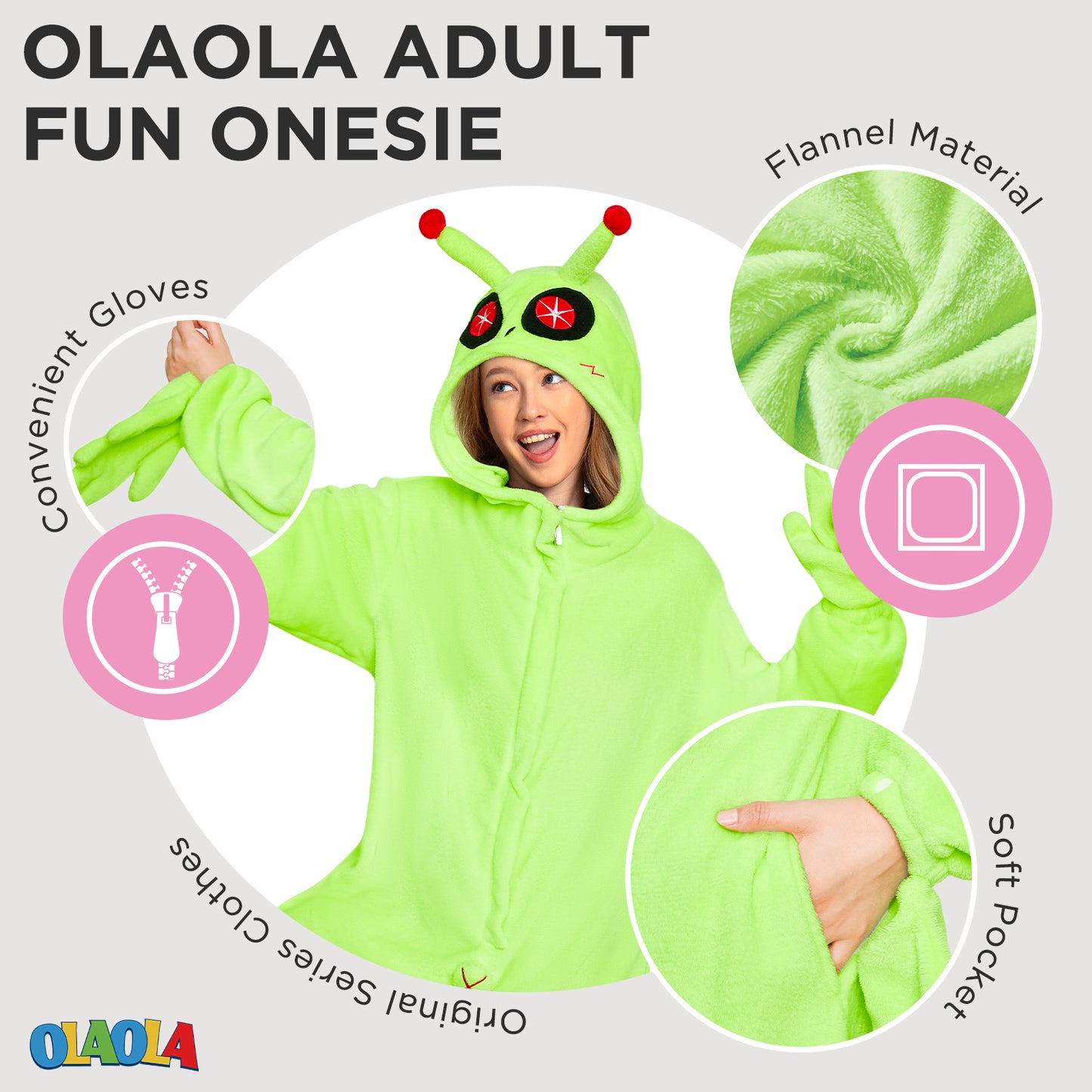 OLAOLA Green Alien Pajamas Animals Onesie Plush Warm One Piece Homewear For Adult Sleepwear Halloween Party Suit