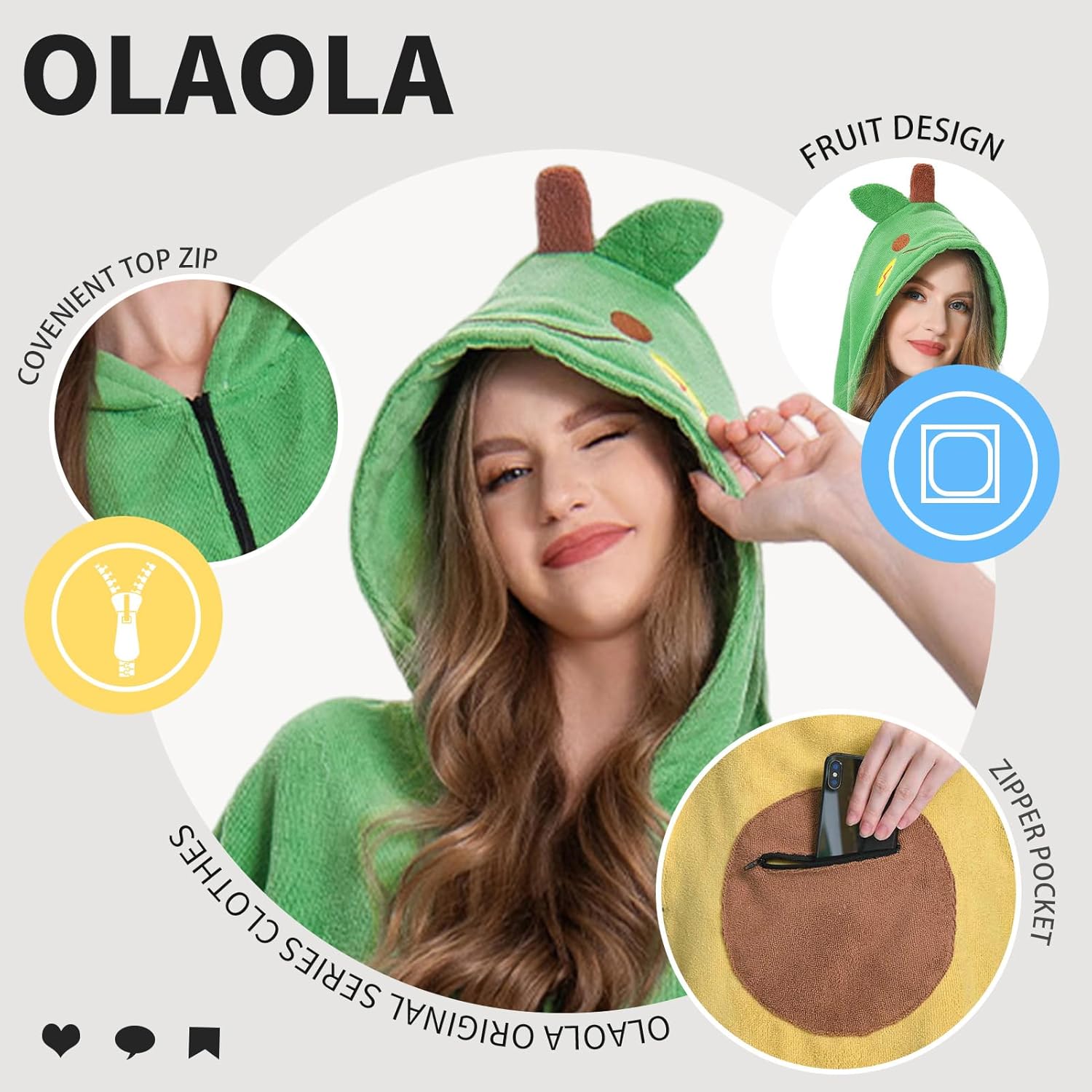 OLAOLA Green Avocado Beach Towels Surf Poncho Changing Towel Swim Robe Quick Dry Terry Cloth Cover-Up Hood Blanket Outdoor