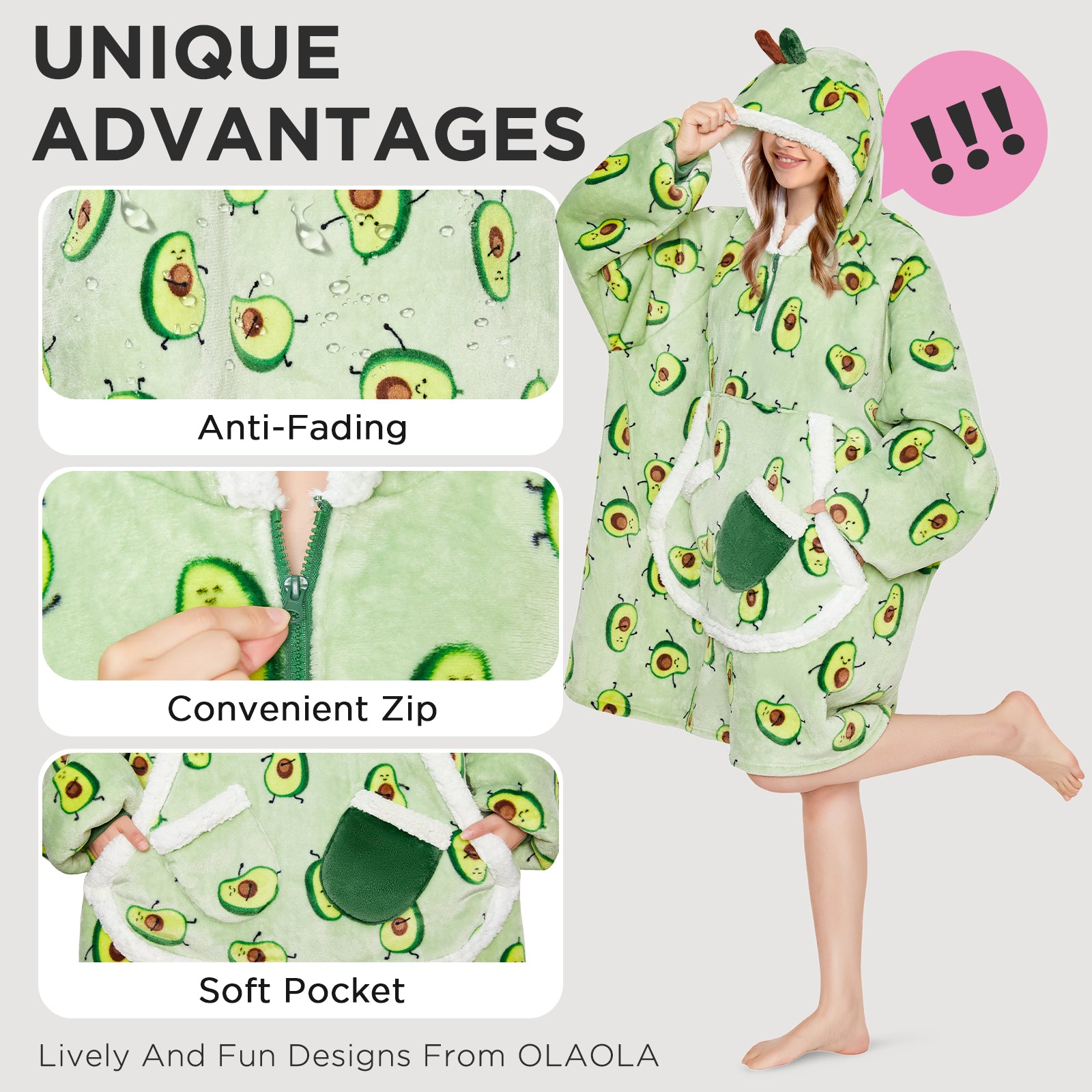 OLAOLA Green Avocado Printed Wearable Blanket Hoodie Food Onesie Oversized Soft Homwear With Giant Pocket For Adult