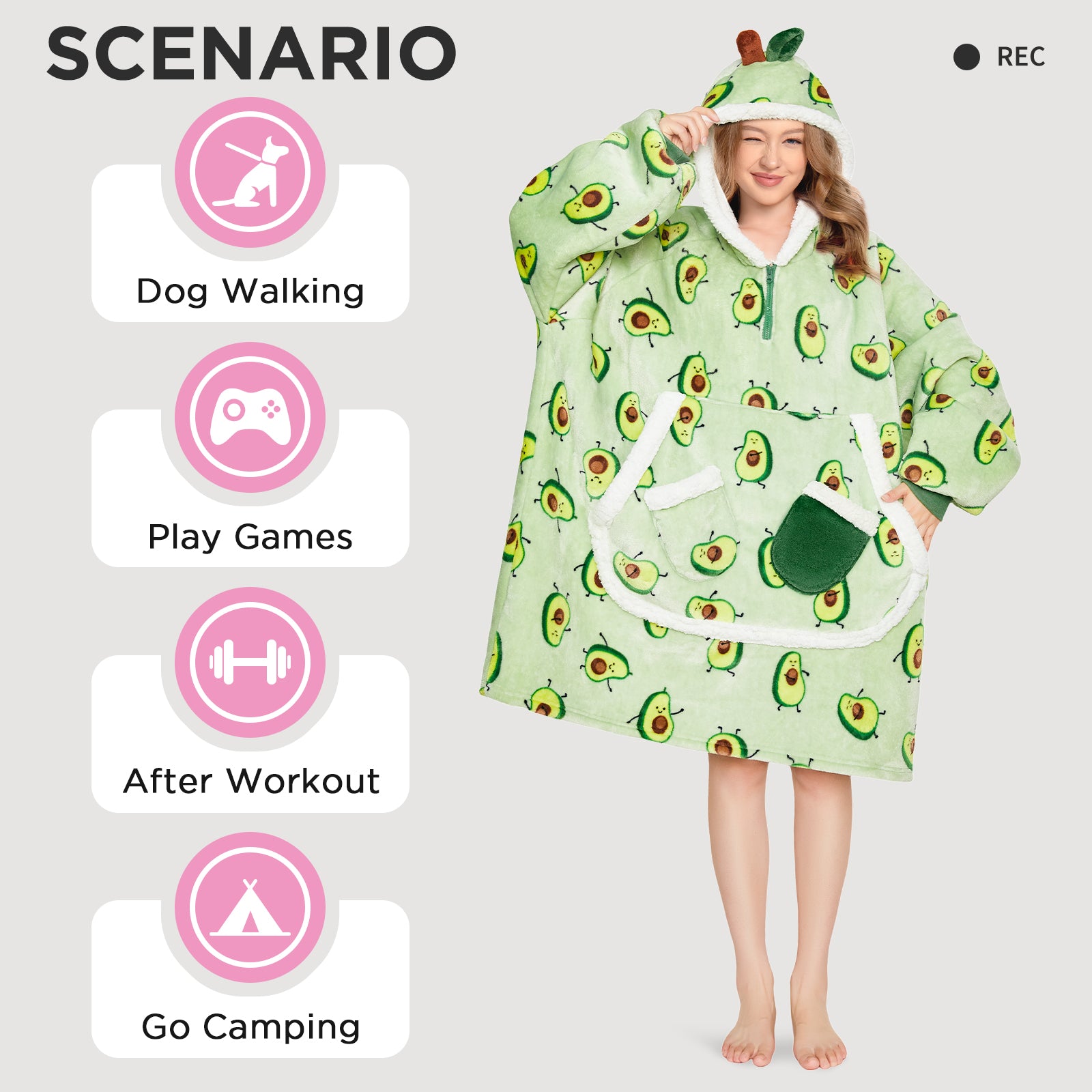 OLAOLA Green Avocado Printed Wearable Blanket Hoodie Food Onesie Oversized Soft Homwear With Giant Pocket For Adult