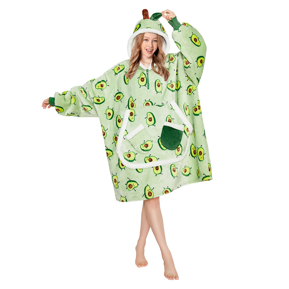 OLAOLA Green Avocado Printed Wearable Blanket Hoodie Food Onesie Oversized Soft Homwear With Giant Pocket For Adult