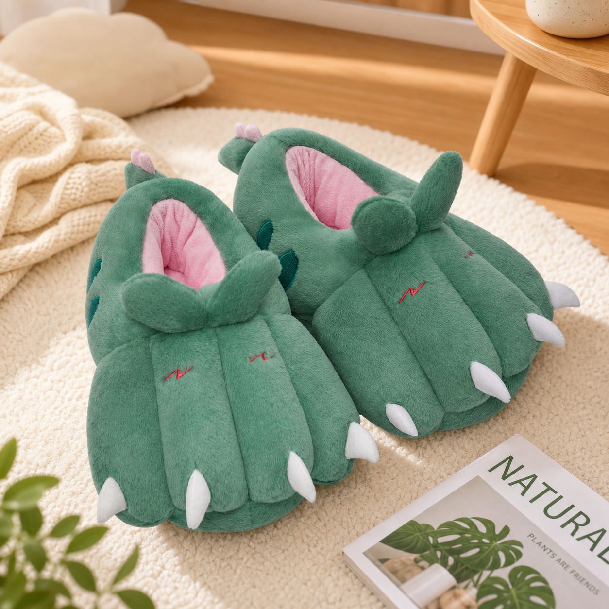 OLAOLA Green Dinosaur Paw Slippers Warm Plush Animal Indoor Non-slip Home Fluffy Thick Bottom Shoes Gifts For Birthday Christmas