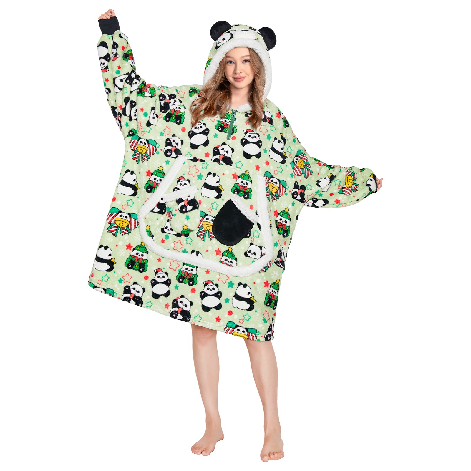 OLAOLA Green Panda Wearable Blanket Hoodie Animals Onesie Oversized Soft Homewear With Giant Pocket For Adult