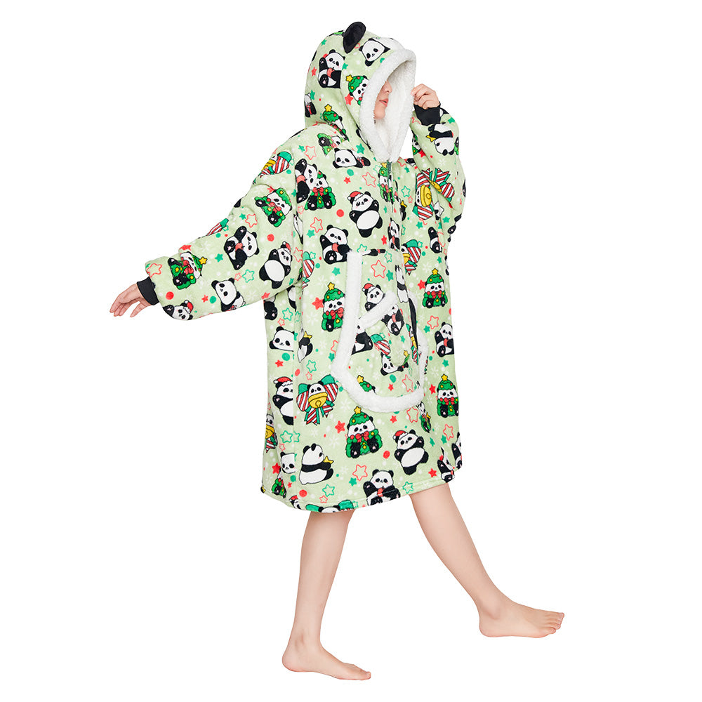 OLAOLA Green Panda Wearable Blanket Hoodie Animals Onesie Oversized Soft Homwear With Giant Pocket For Adult