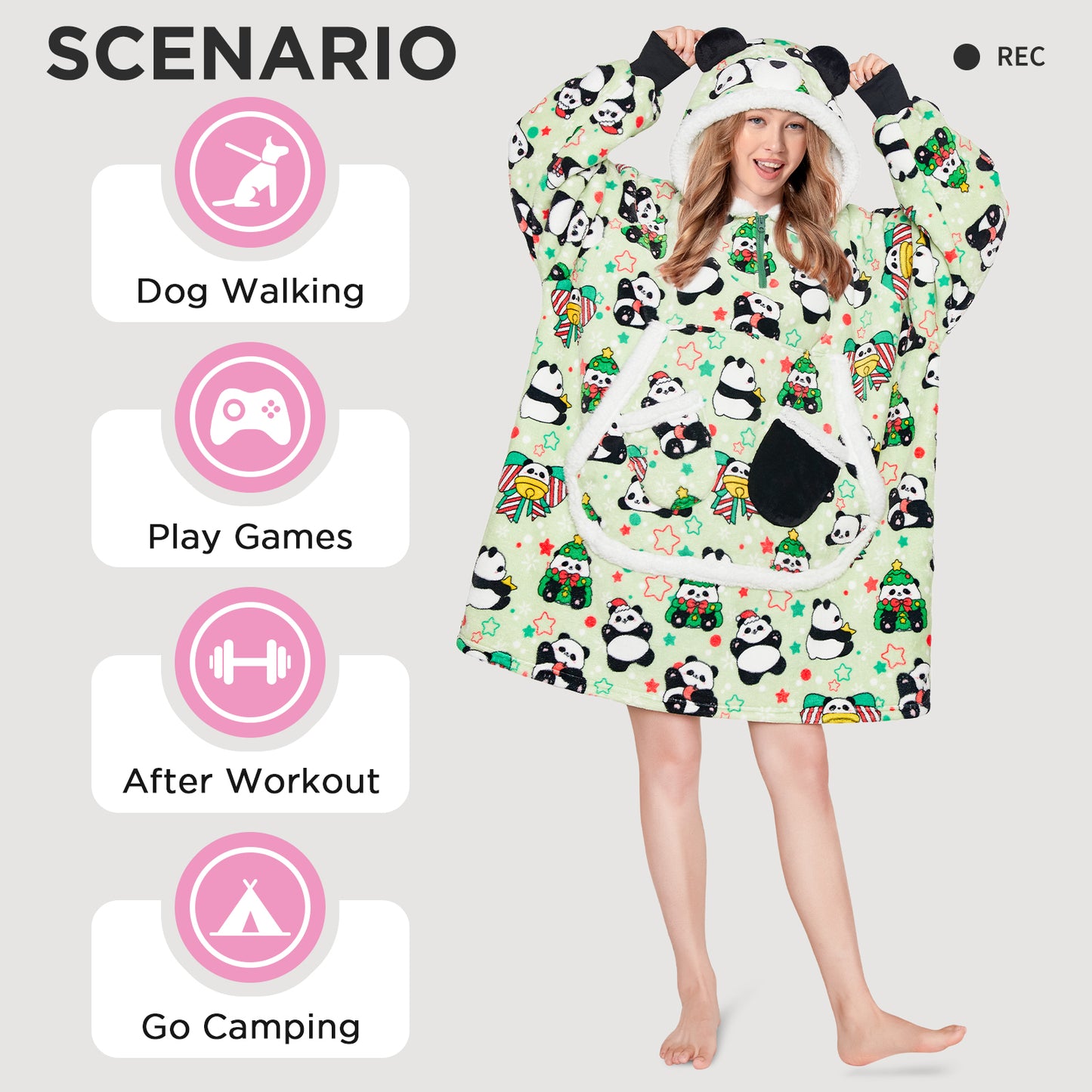 OLAOLA Green Panda Wearable Blanket Hoodie Animals Onesie Oversized Soft Homewear With Giant Pocket For Adult