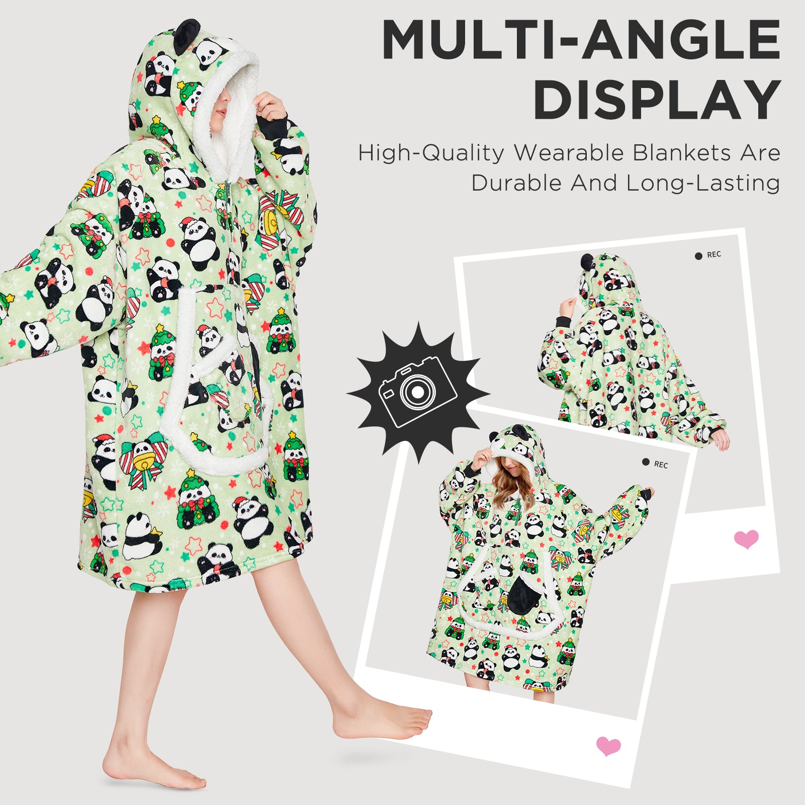 OLAOLA Green Panda Wearable Blanket Hoodie Animals Onesie Oversized Soft Homewear With Giant Pocket For Adult