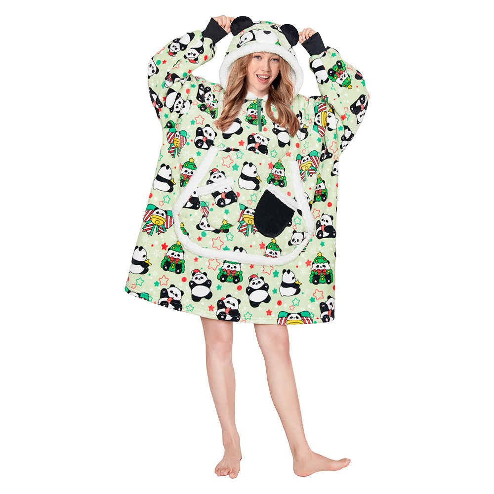 OLAOLA Green Panda Wearable Blanket Hoodie Animals Onesie Oversized Soft Homwear With Giant Pocket For Adult