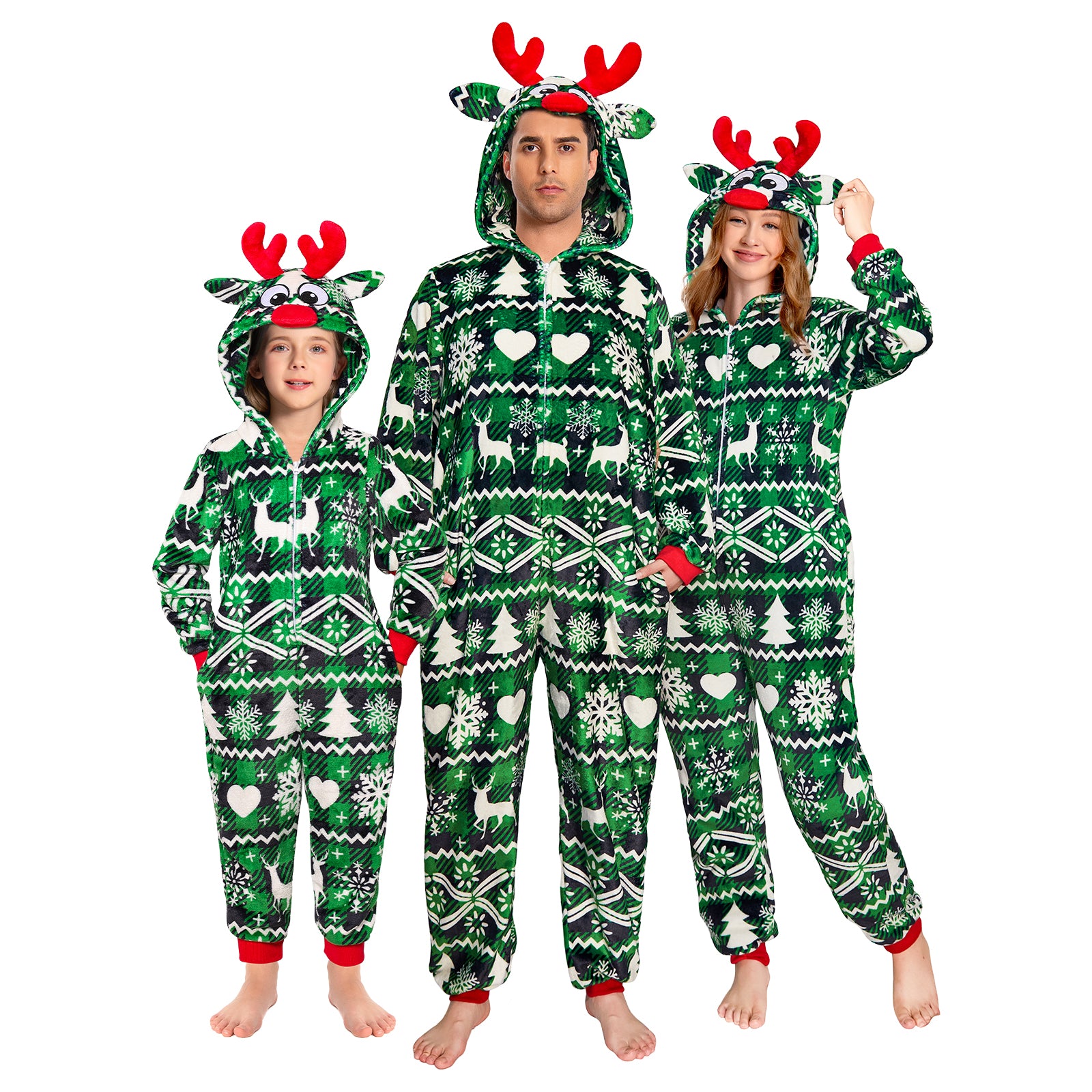 OLAOLA Green Printed Checkered Elk Pajamas Soft Plush Animals Onesie Sleepwear Christmas Party Suit