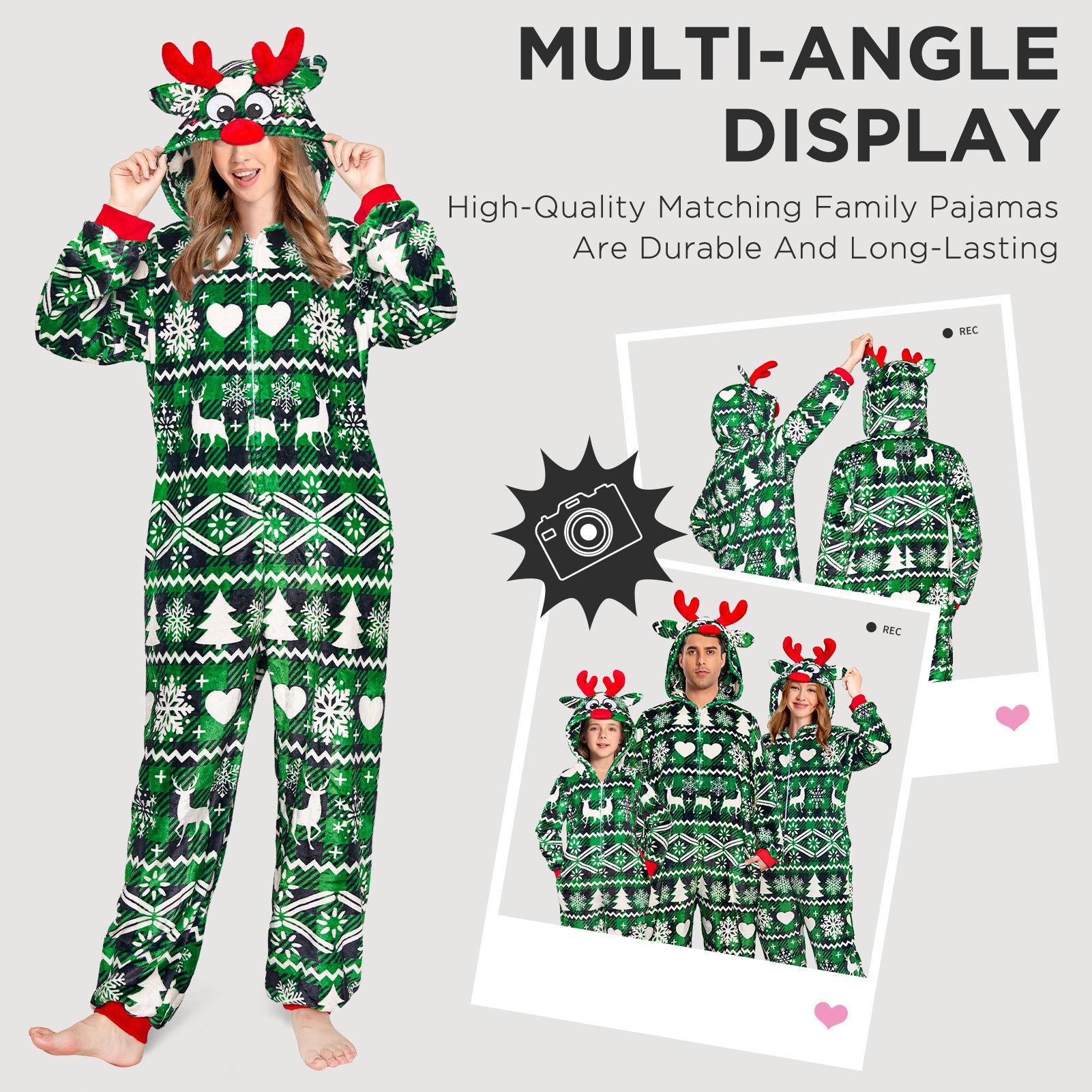 OLAOLA Green Printed Checkered Elk Pajamas Soft Plush Animals Onesie Sleepwear Christmas Party Suit