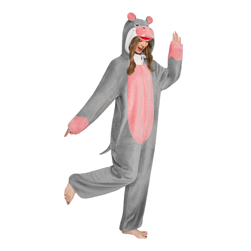 OLAOLA Hippopotamus Animals Onesie Soft Hippo Loungewear Cozy Winter Unisex Adult One Piece Pajamas Halloween Costume