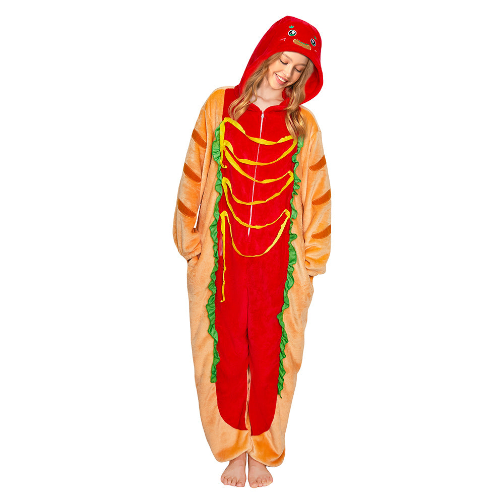 OLAOLA Hot Dog Pajamas Food Onesie Plush Warm Home One Piece Homewear For Adult Halloween Sleepwear Party
