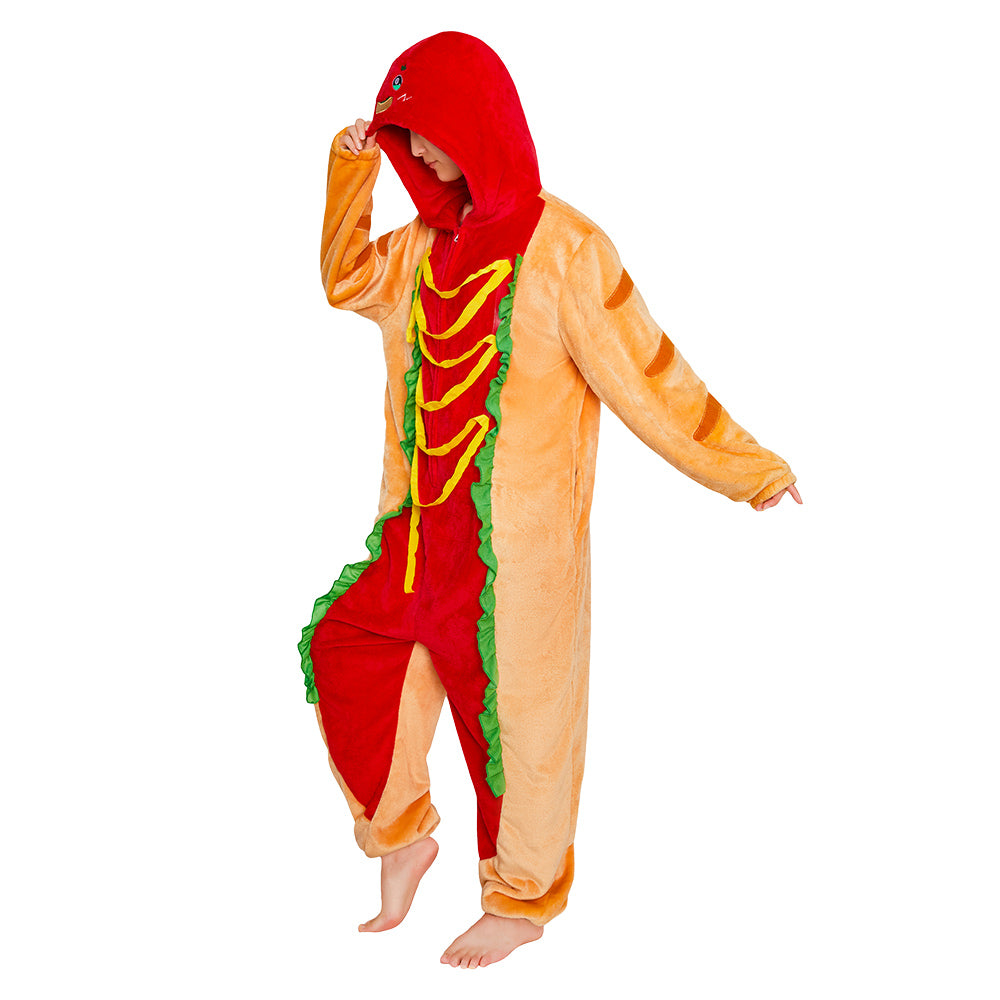 OLAOLA Hot Dog Pajamas Food Onesie Plush Warm Home One Piece Homewear For Adult Halloween Sleepwear Party