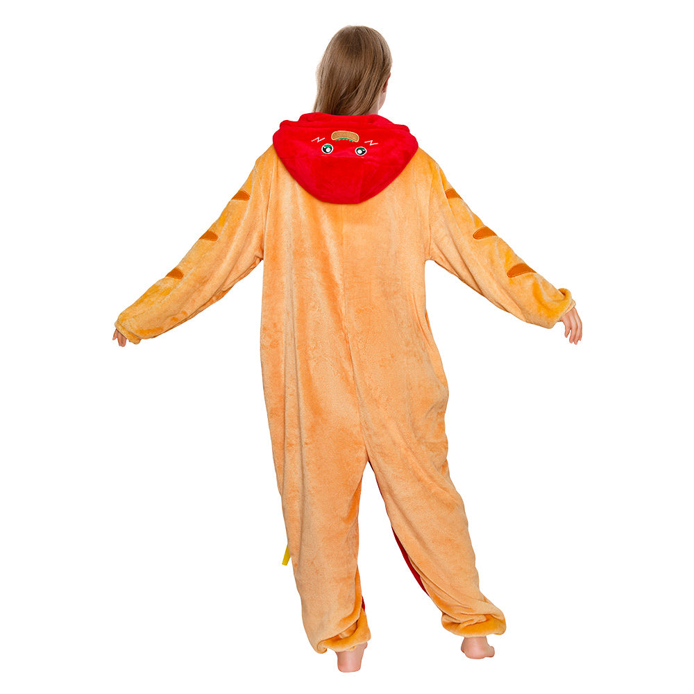 OLAOLA Hot Dog Pajamas Food Onesie Plush Warm Home One Piece Homewear For Adult Halloween Sleepwear Party