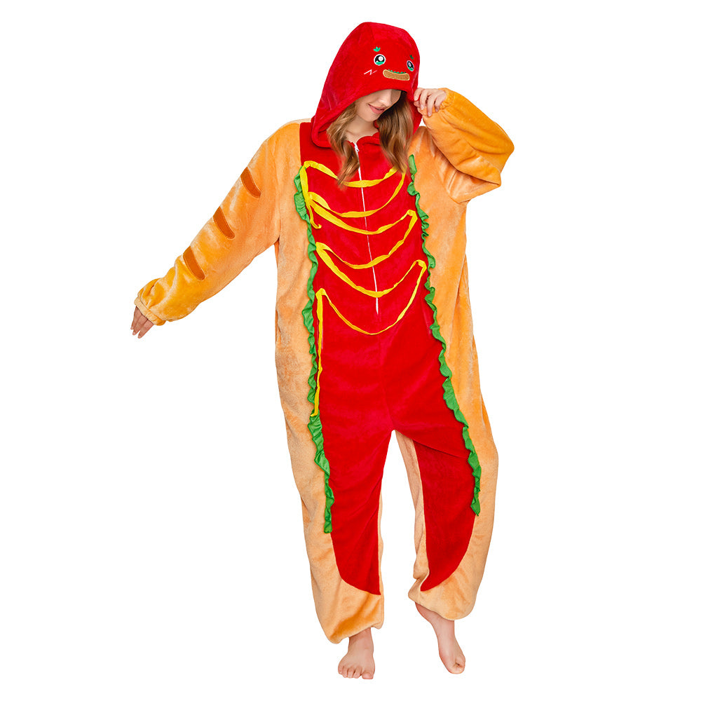 OLAOLA Hot Dog Pajamas Food Onesie Plush Warm Home One Piece Homewear For Adult Halloween Sleepwear Party