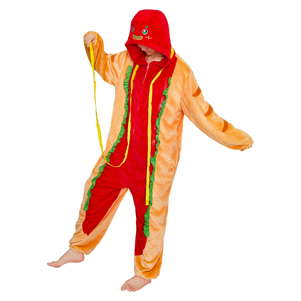 OLAOLA Hot Dog Pajamas Food Onesie Plush Warm Home One Piece Homewear For Adult Halloween Sleepwear Party