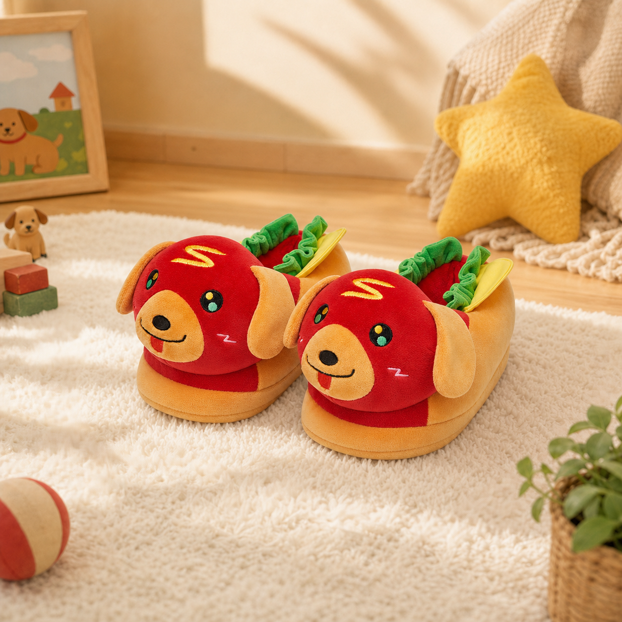 OLAOLA Hot Dog Slippers Warm Plush Animal Indoor Non-slip Home Fluffy Thick Bottom Shoes Gifts For Birthday Christmas