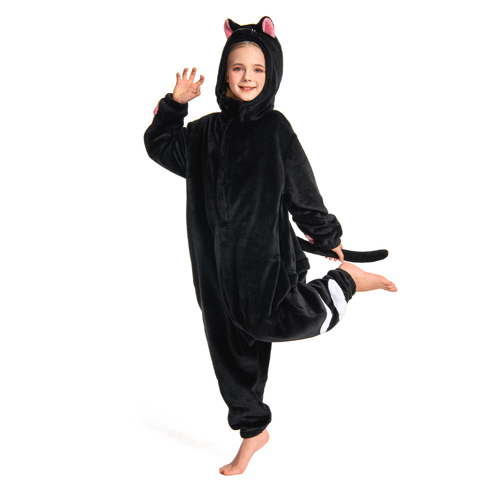 OLAOLA Kids Black Cat Animal Onesie Halloween Plush Soft Flannel Warm Home Pajamas One-Piece Sleepwear