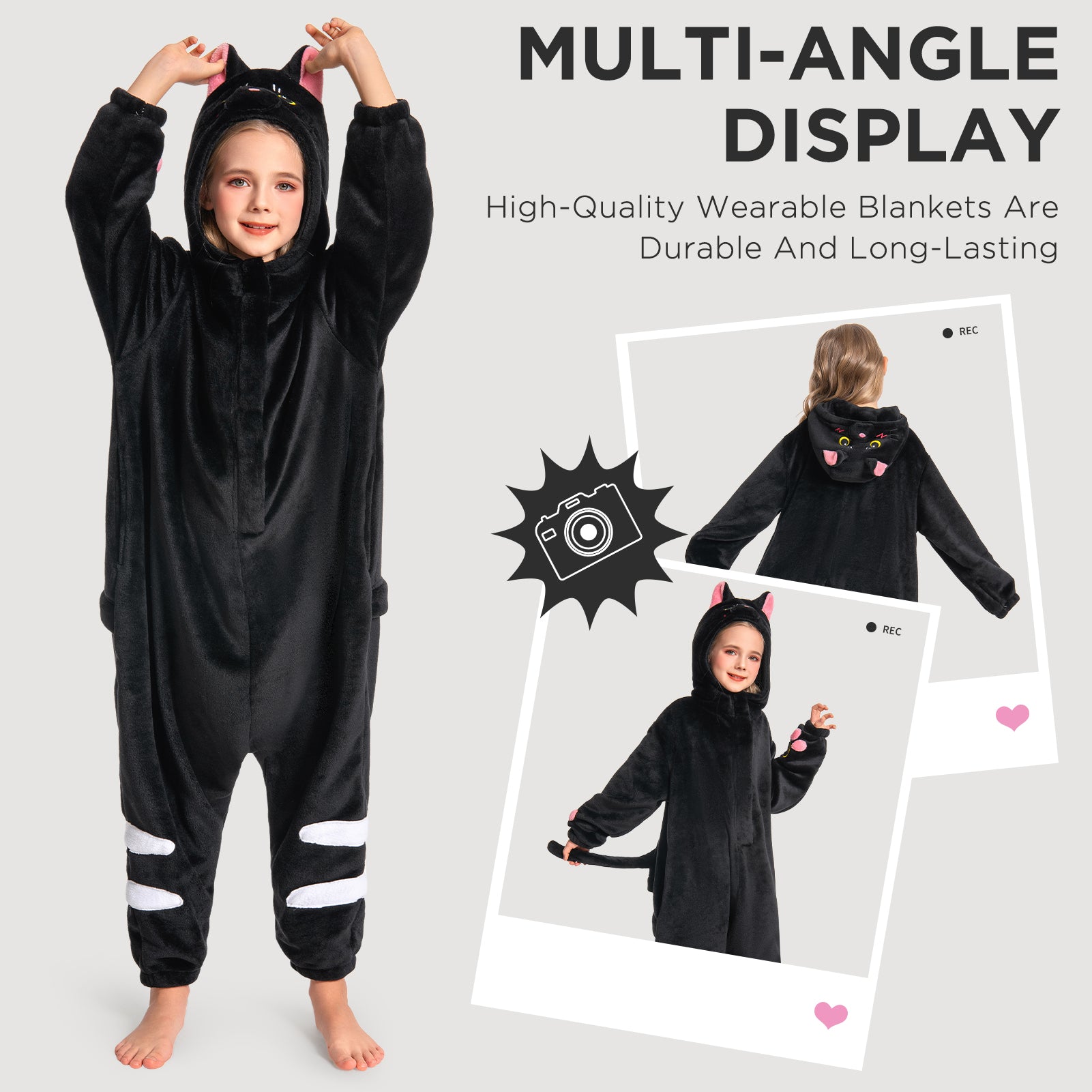 OLAOLA Kids Black Cat Animal Onesie Plush Soft Flannel Warm Home Pajamas One-Piece Sleepwear
