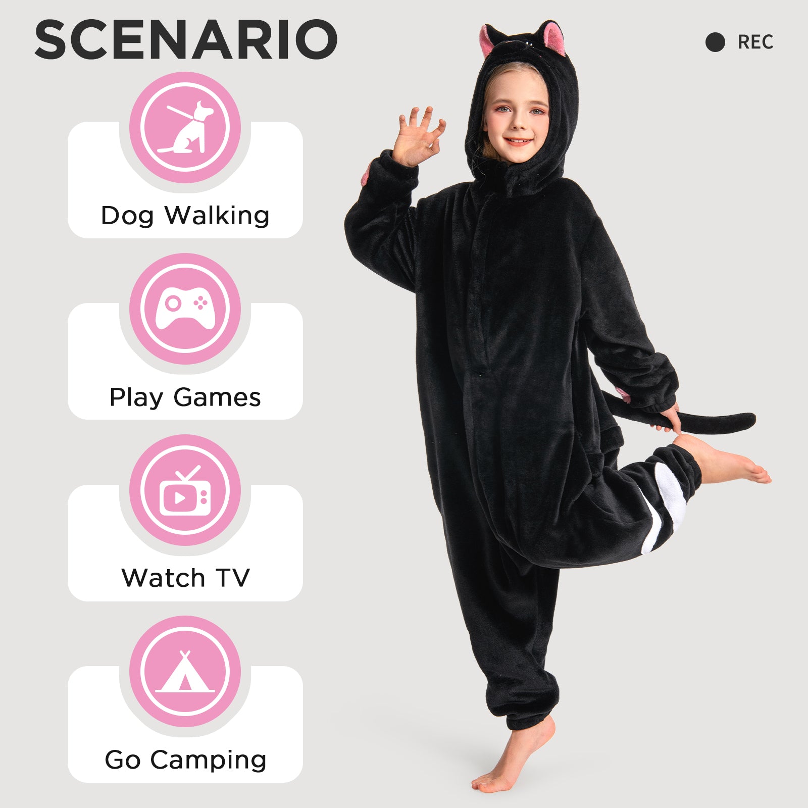 OLAOLA Kids Black Cat Animal Onesie Plush Soft Flannel Warm Home Pajamas One-Piece Sleepwear