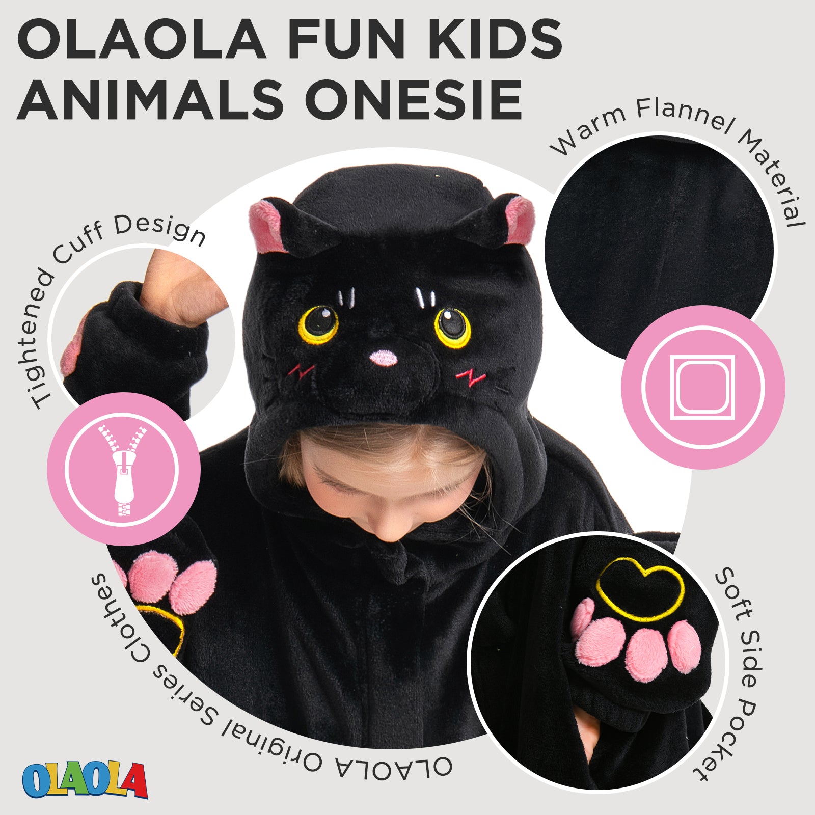 OLAOLA Kids Black Cat Animal Onesie Plush Soft Flannel Warm Home Pajamas One-Piece Sleepwear