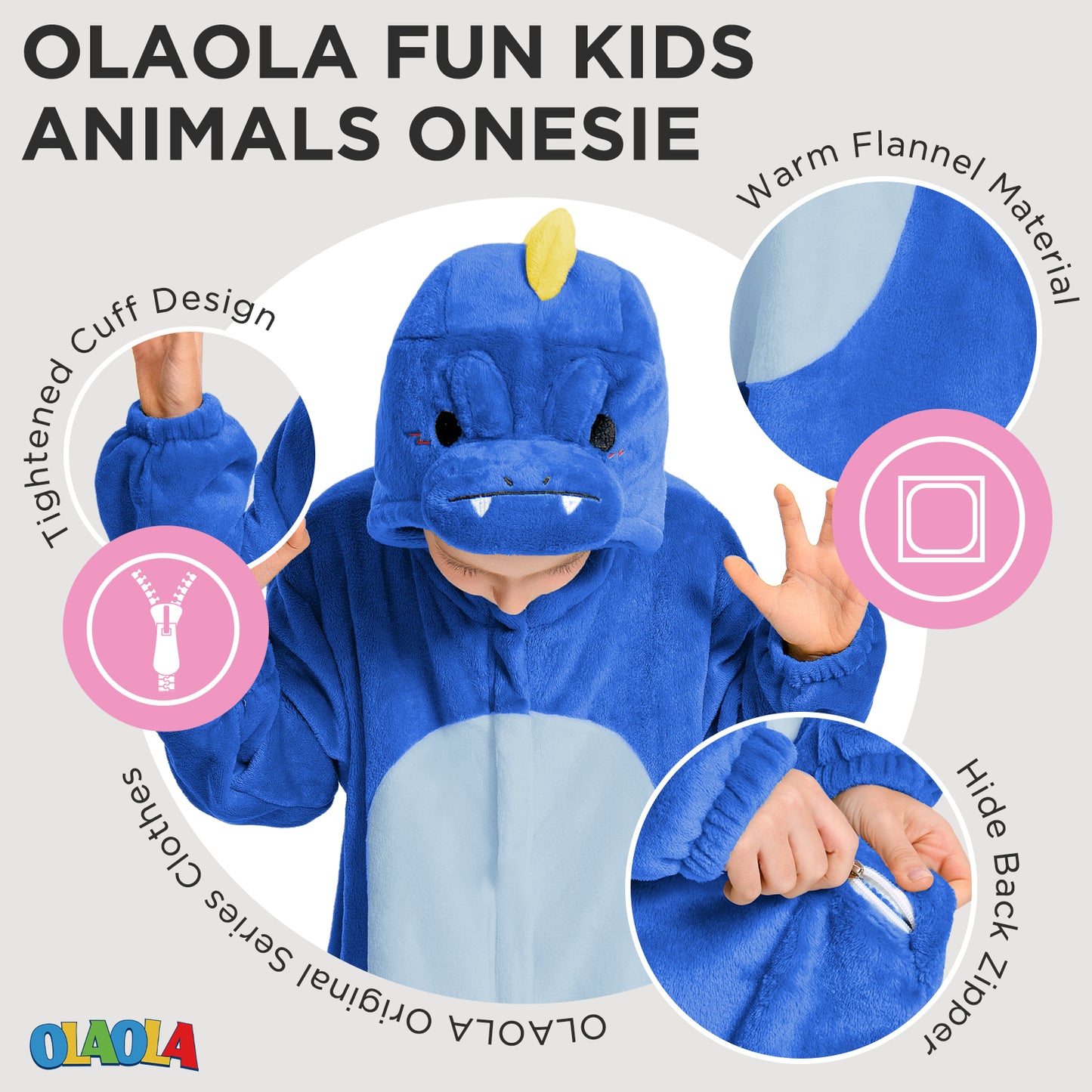 OLAOLA Kids Blue Dinosaur Animal Onesie Plush Soft Flannel Warm Home Pajamas One-Piece Sleepwear
