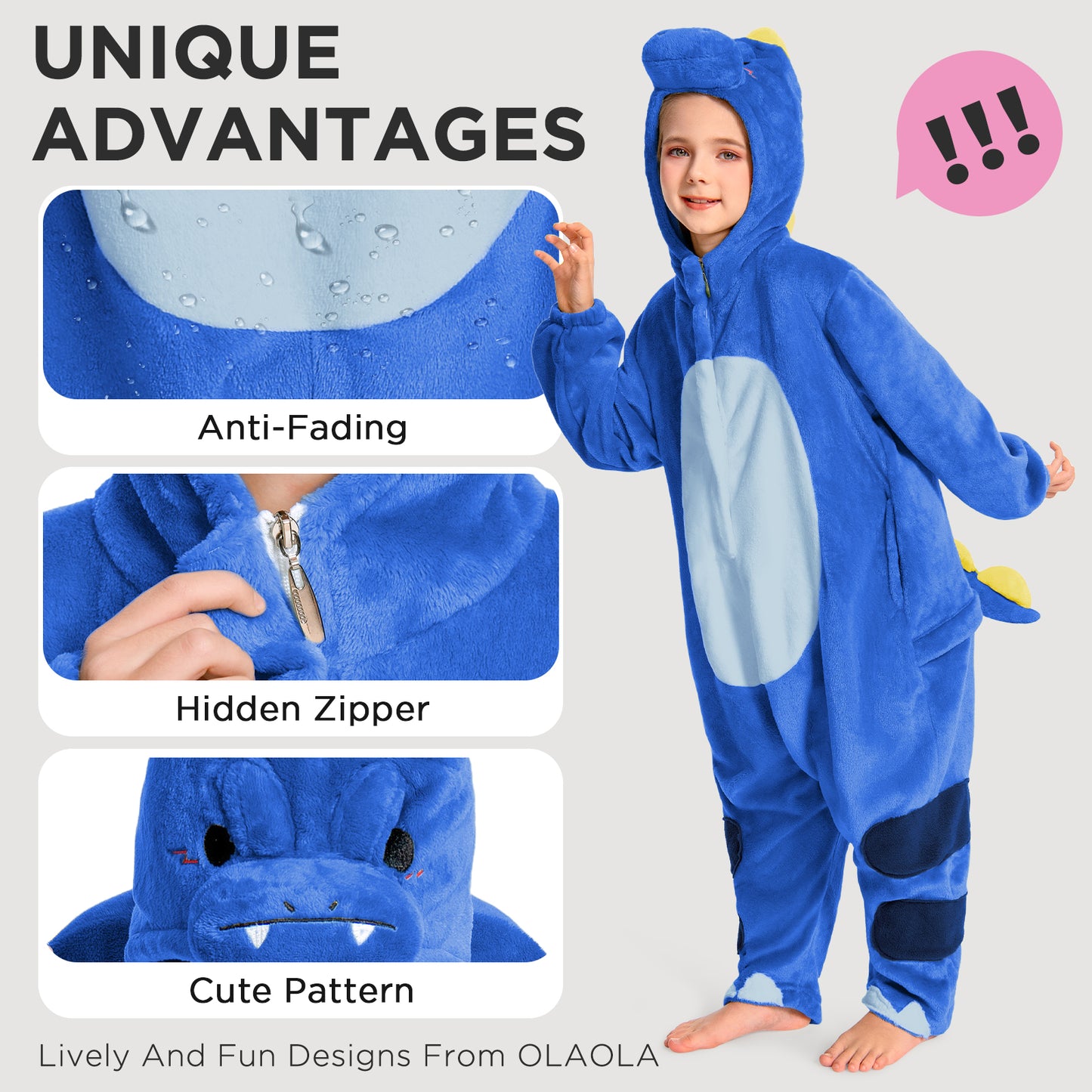 OLAOLA Kids Blue Dinosaur Animal Onesie Plush Soft Flannel Warm Home Pajamas One-Piece Sleepwear