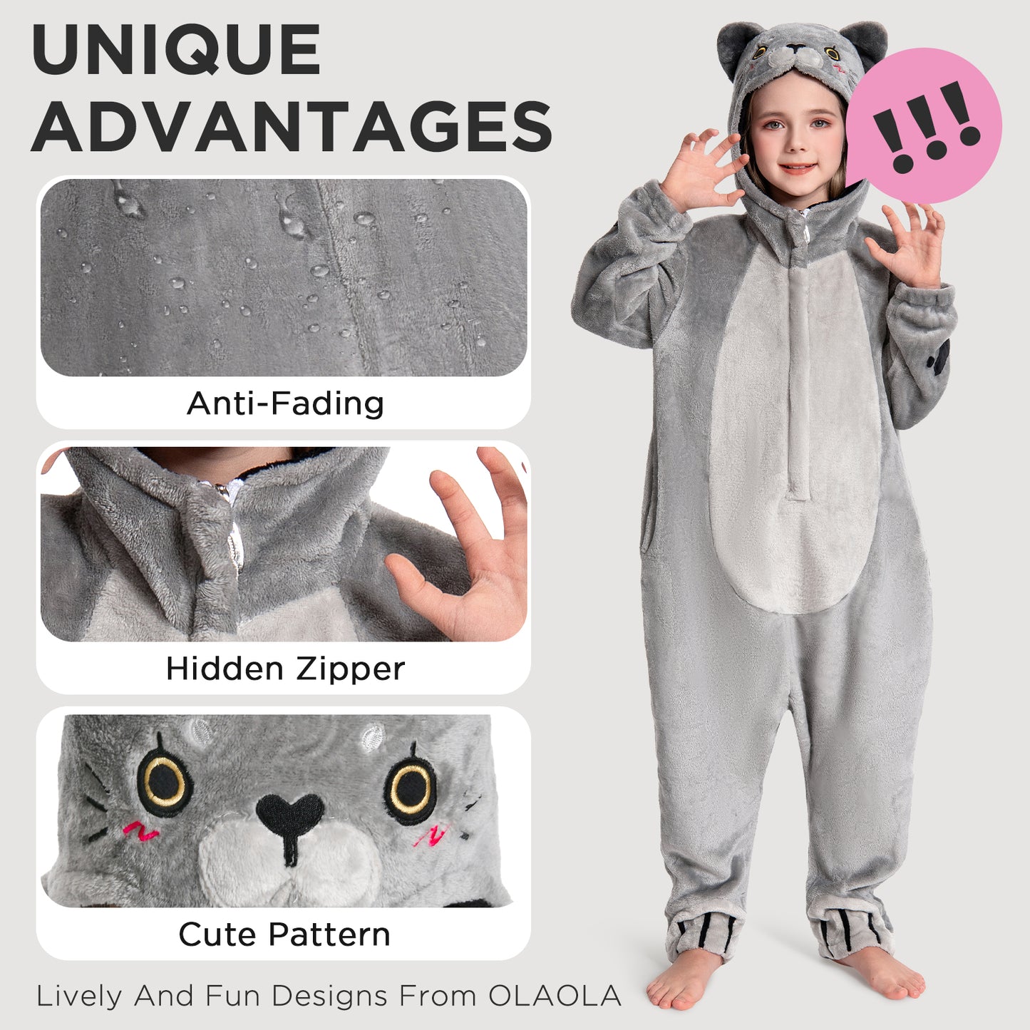 OLAOLA Kids Cat Animal Onesie Plush Soft Flannel Warm Home Pajamas One-Piece Sleepwear