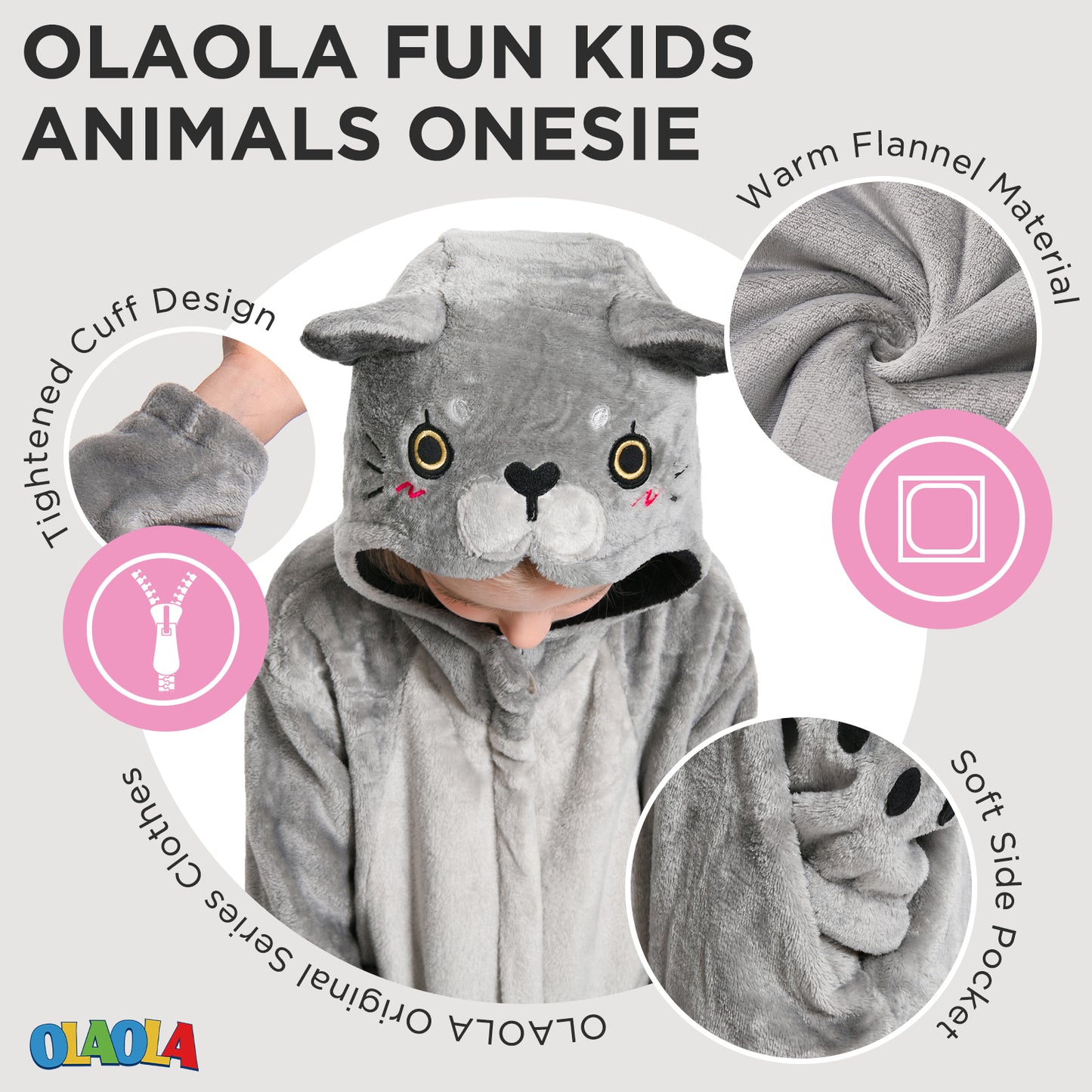 OLAOLA Kids Cat Animal Onesie Plush Soft Flannel Warm Home Pajamas One-Piece Sleepwear