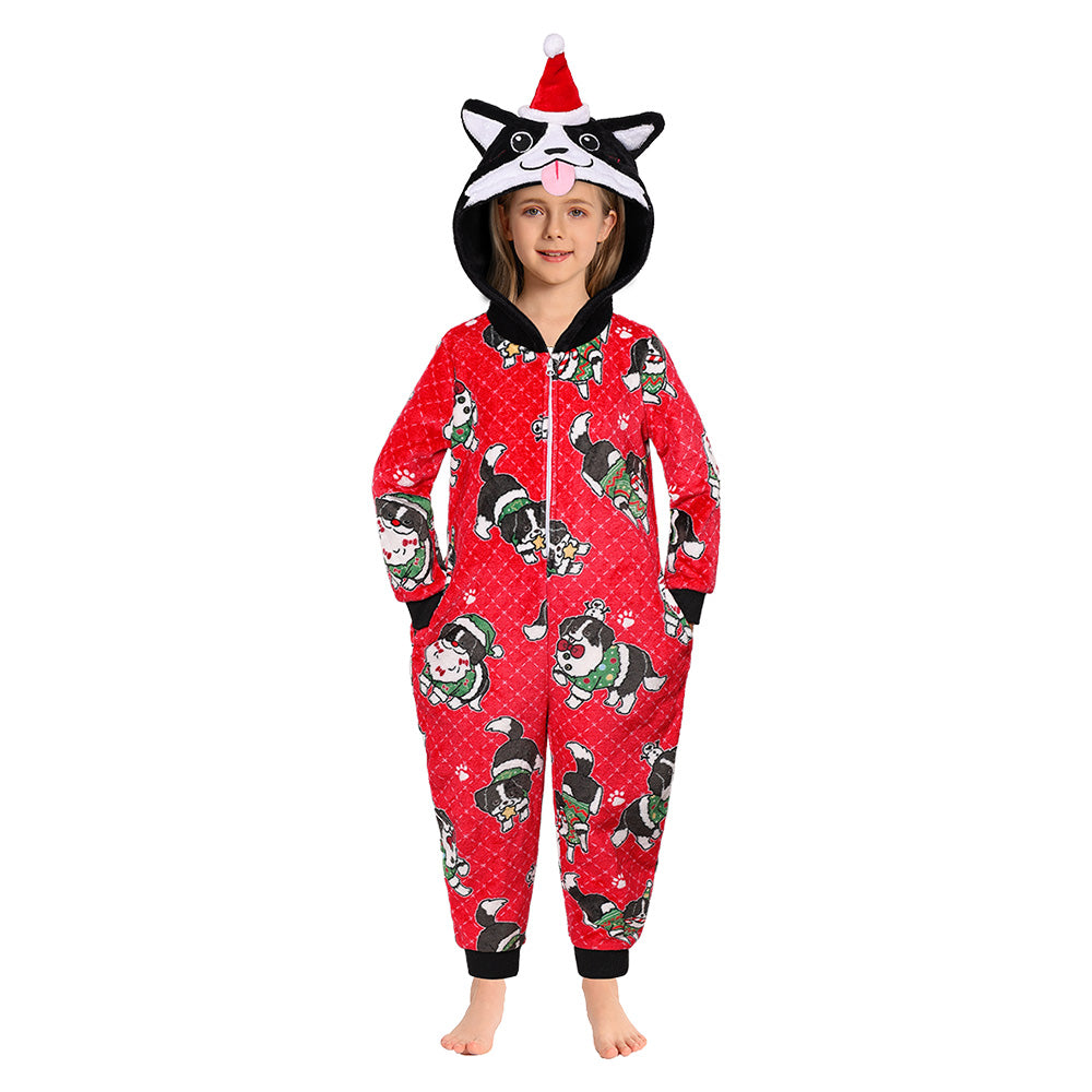 OLAOLA Kids Christmas Dog Red Printed Pajamas Plush Animals Onesie Sleepwear Christmas Party Suit