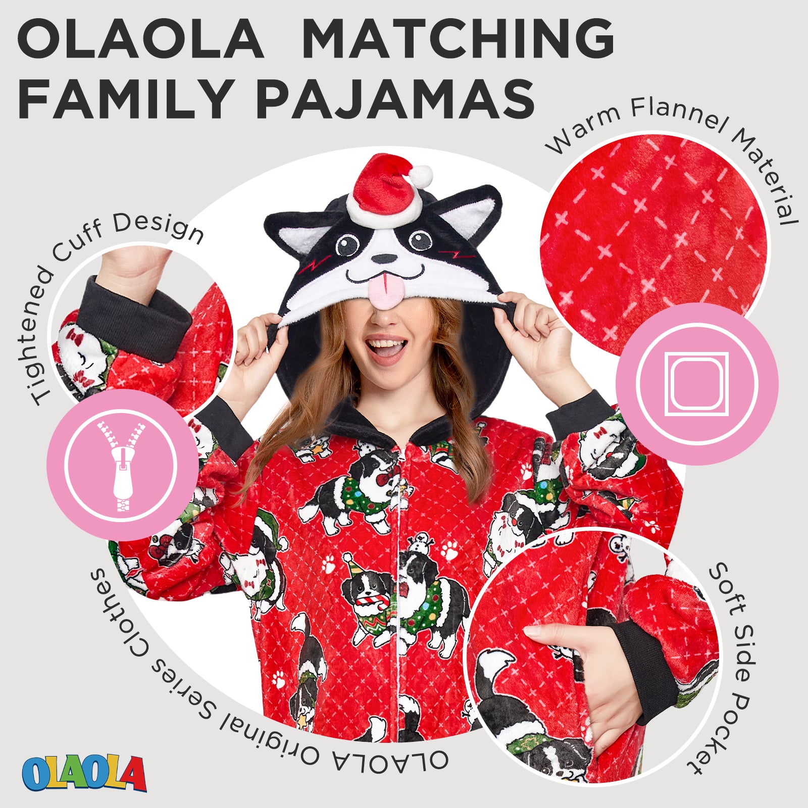 OLAOLA Kids Christmas Dog Red Printed Pajamas Plush Animals Onesie Sleepwear Xmas Party Suit