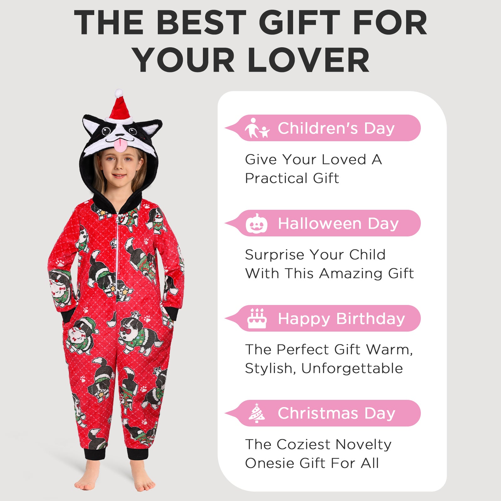 OLAOLA Kids Christmas Dog Red Printed Pajamas Plush Animals Onesie Sleepwear Xmas Party Suit