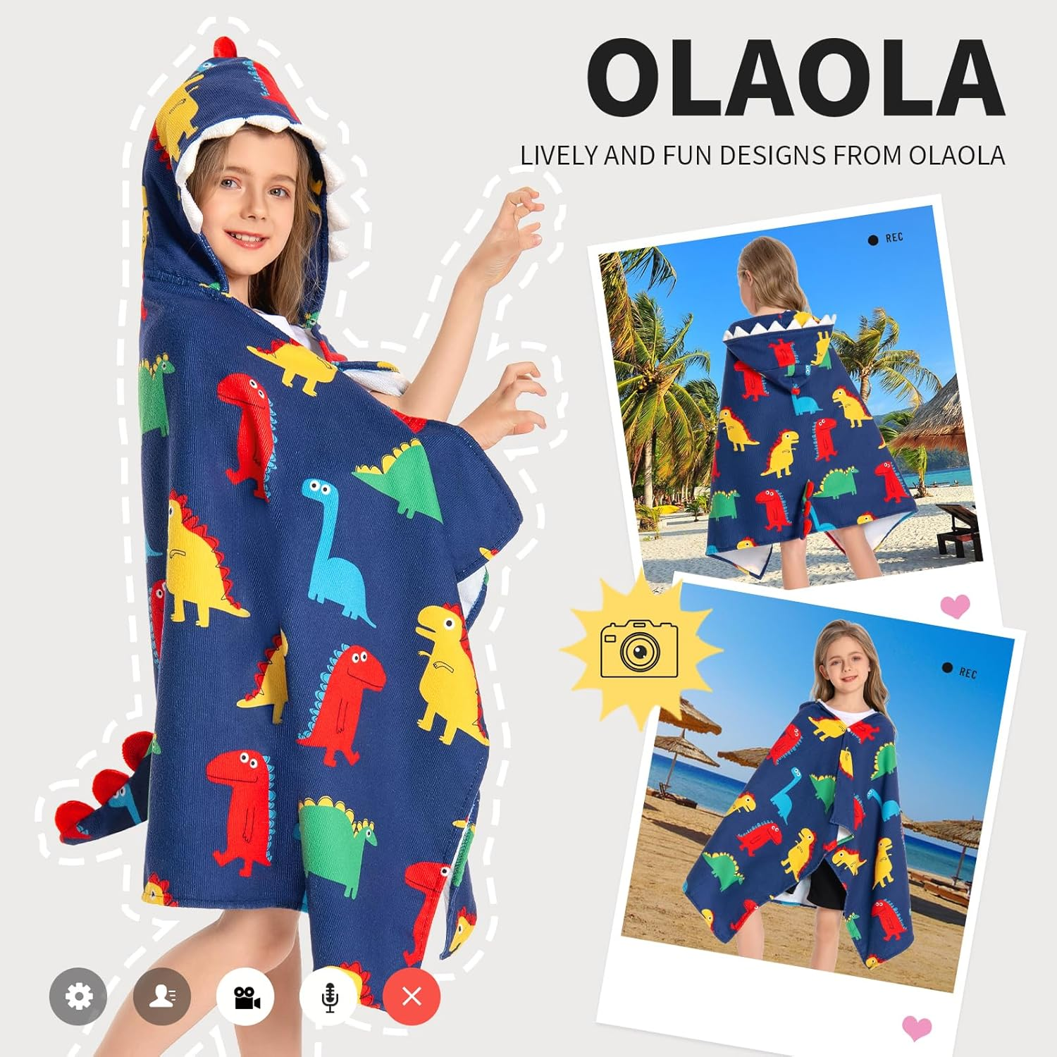 OLAOLA Kids Colorful Dinosaur Printed Hooded Bathrobe Soft Absorbent Swim Pool Towels Poncho Animal Onesie Bath Robe