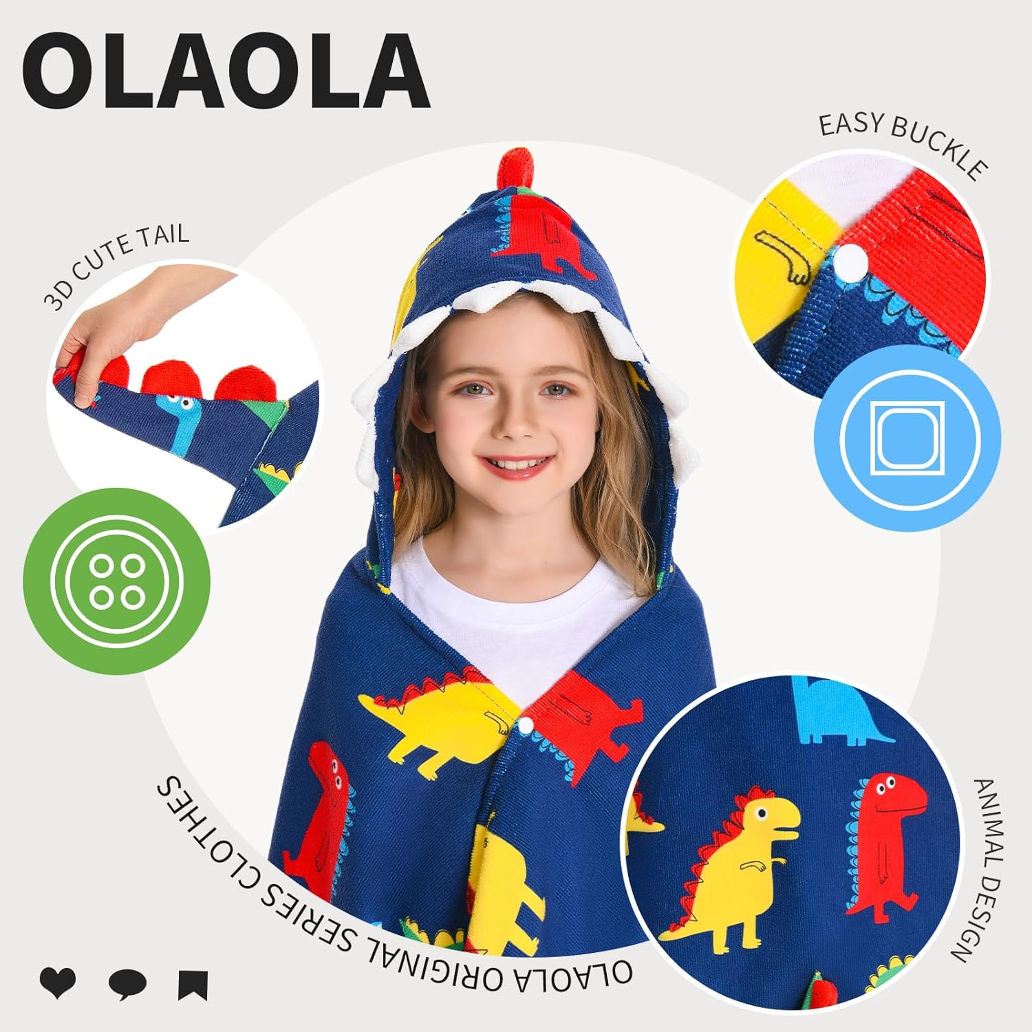 OLAOLA Kids Colorful Dinosaur Printed Hooded Bathrobe Soft Absorbent Swim Pool Towels Poncho Animal Onesie Bath Robe