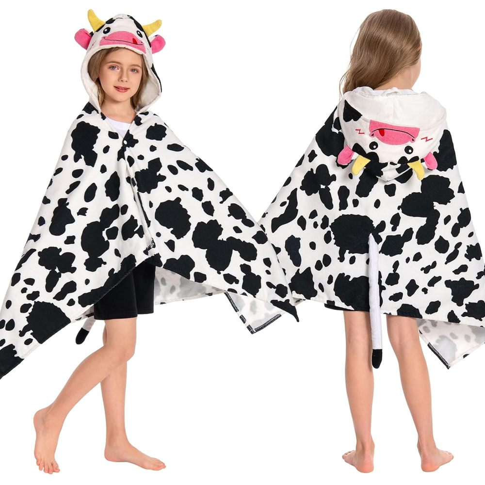 OLAOLA Kids Cow Printed Hooded Beach Towels Soft Absorbent Swim Pool Towels Poncho Animal Onesie