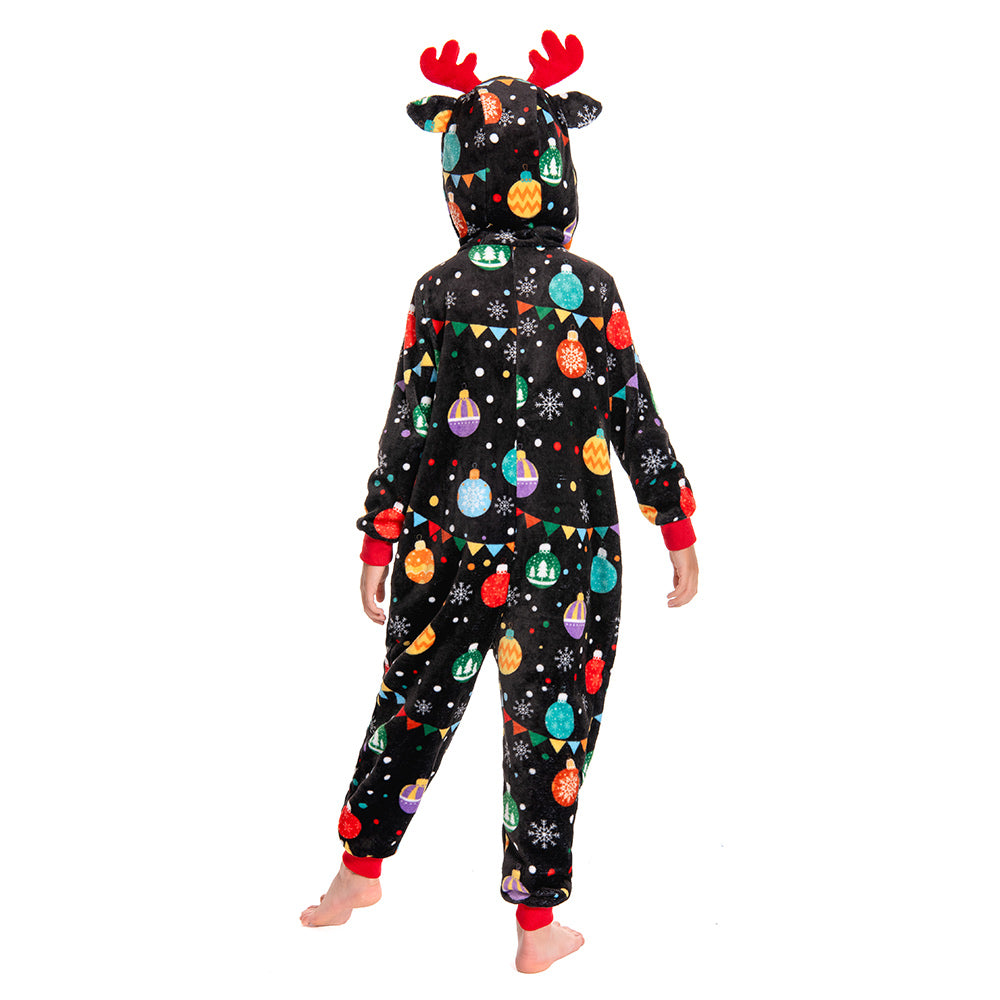 OLAOLA Kids Elk Printed Colored Lights Black Pajamas Plush Animals Onesie Sleepwear Christmas Party Suit