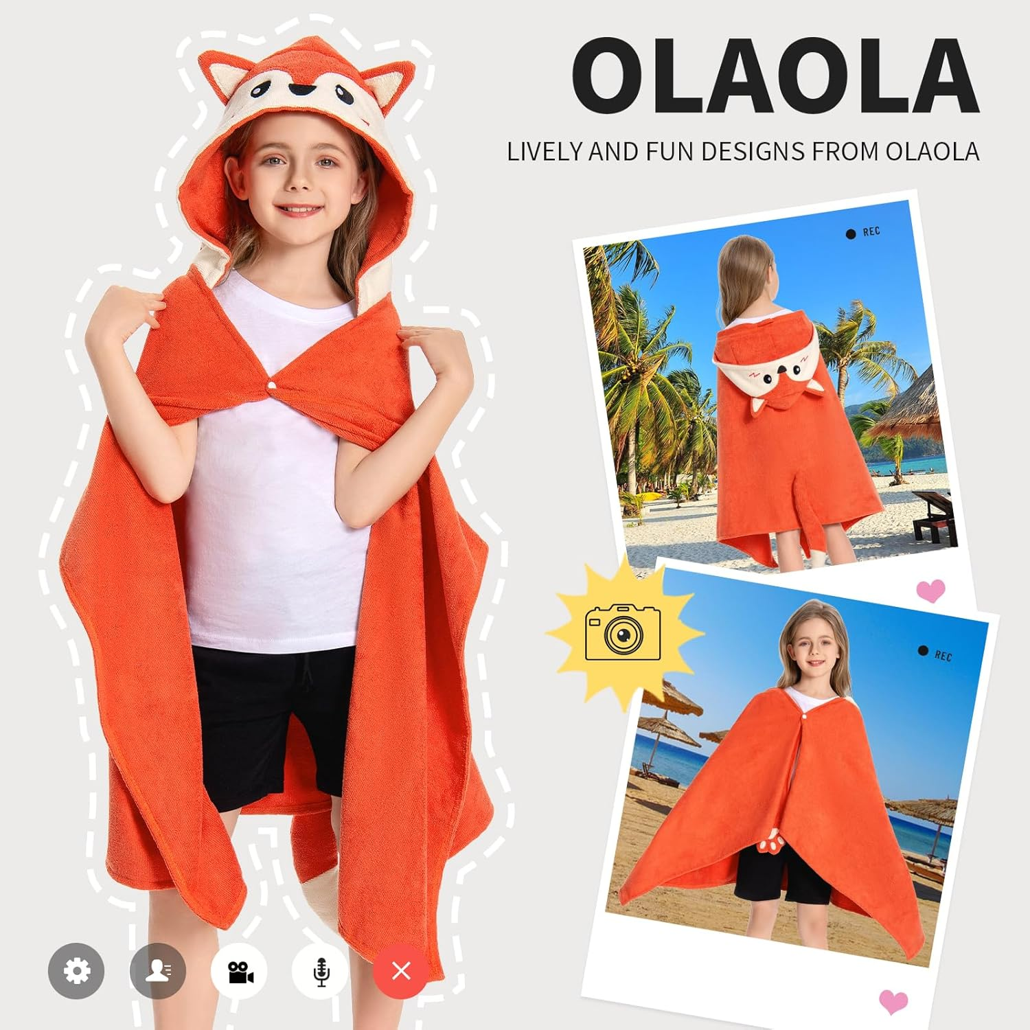 OLAOLA Kids Fox Hooded Beach Towels Soft Absorbent Swim Pool Towels Poncho Animal Onesie