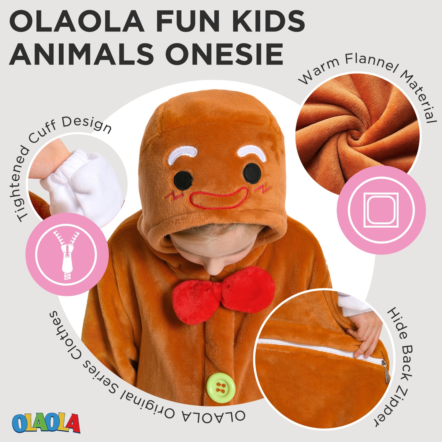OLAOLA Kids Gingerbread Onesie Christmas Plush Soft Flannel Warm Home Pajamas One-Piece Sleepwear