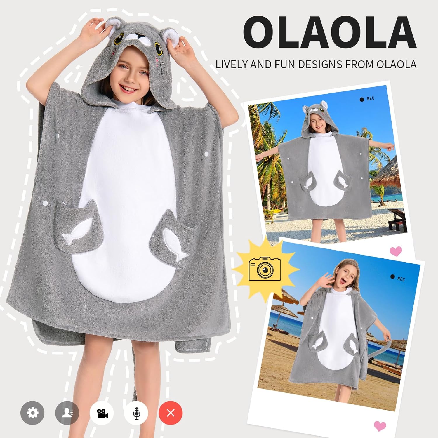 OLAOLA Kids Gray Cat Bathrobe Blanket Animal Onesie Beach Towels Soft Absorbent Coral Fleece Pool Swim Towel