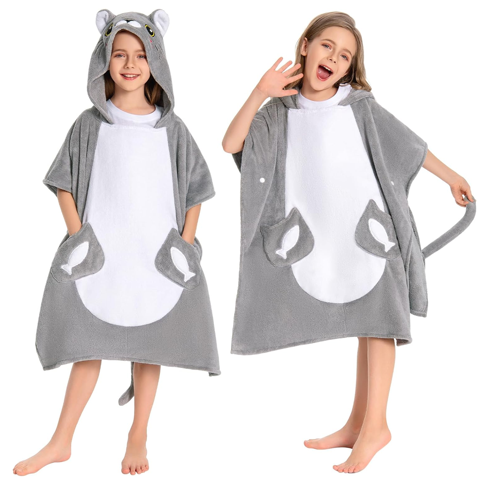 OLAOLA Kids Gray Cat Bathrobe Blanket Animal Onesie Beach Towels Soft Absorbent Coral Fleece Pool Swim Towel