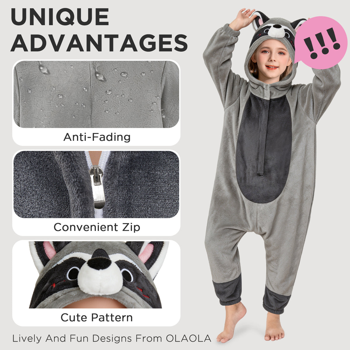 OLAOLA Kids Gray Raccoon Pajamas Animals Onesie Plush Cozy One Piece Sleepwear Halloween Christmas Suit