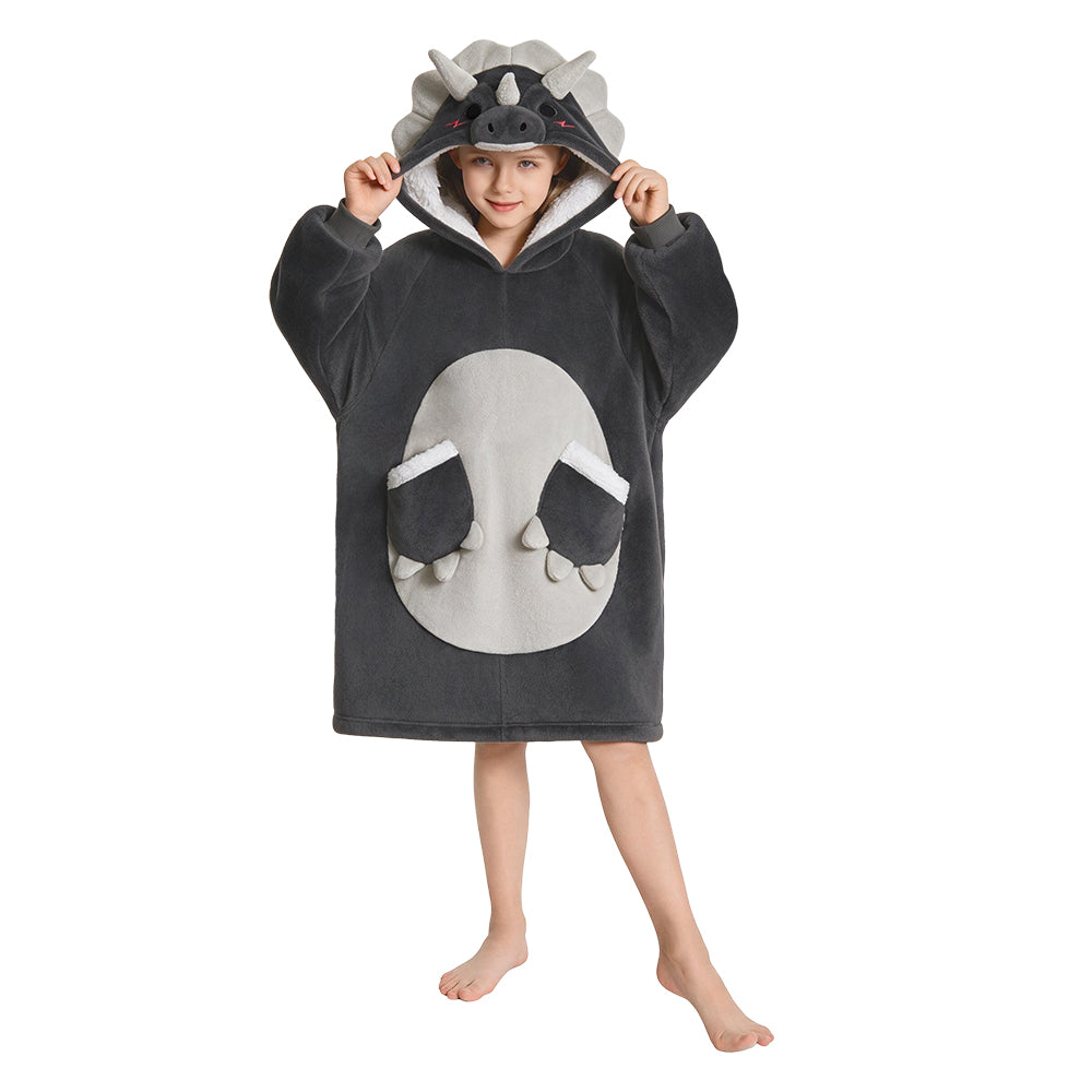 OLAOLA Kids Gray Triceratops Wearable Blanket Hoodie Gray Dinosaur Oversized Animal Onesie Soft Homewear With Pocket For Boys Girls
