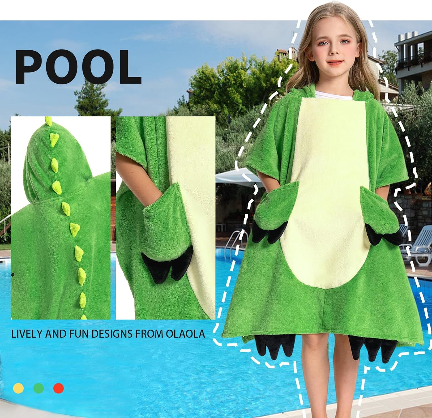 OLAOLA Kids Green Dinosaur Animal Beach Bath Towels Blanket Plush Soft Coral Fleece Homewear Bath Hooded